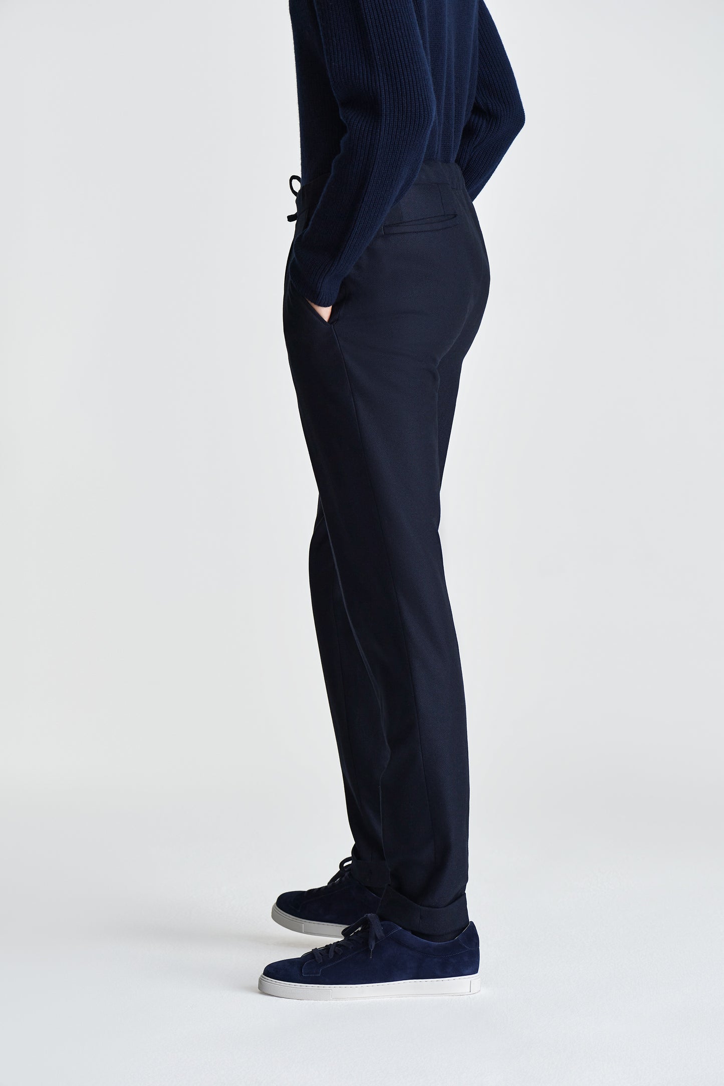 Wool Cashmere Casual Tailored Trousers Navy Model Side Image