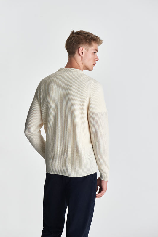 Cashmere Fisherman Rib Sweater Off-White Model Cropped Back Image