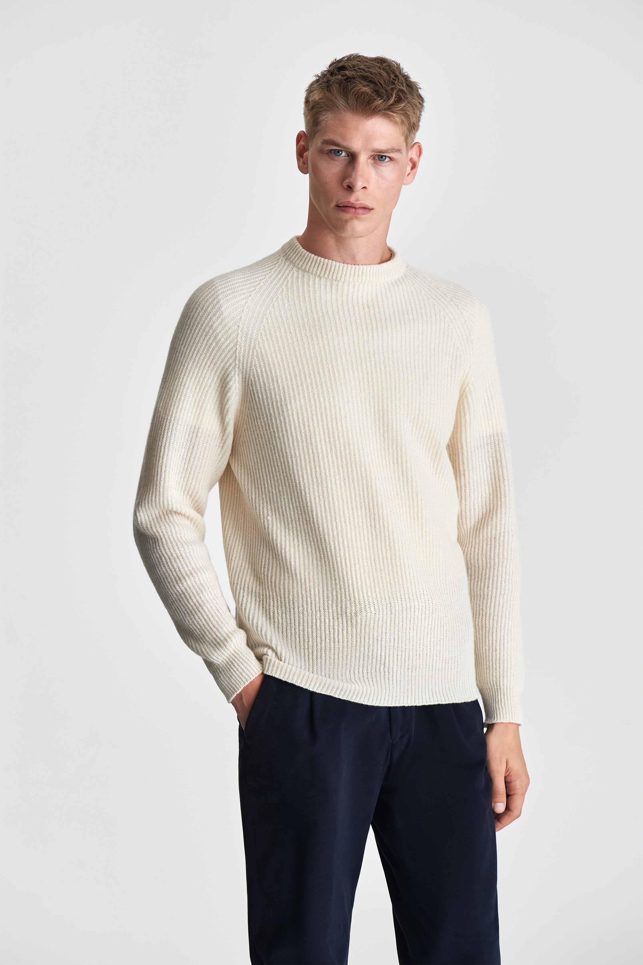 Cashmere Fisherman Rib Sweater Off-White Model Cropped Image
