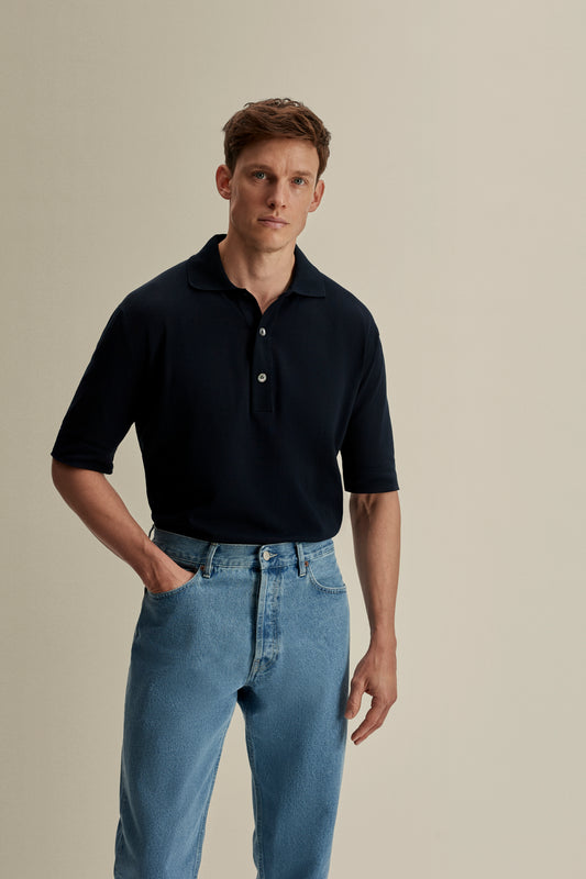 Crepe Cotton Polo Shirt Navy Model 3/4 Image