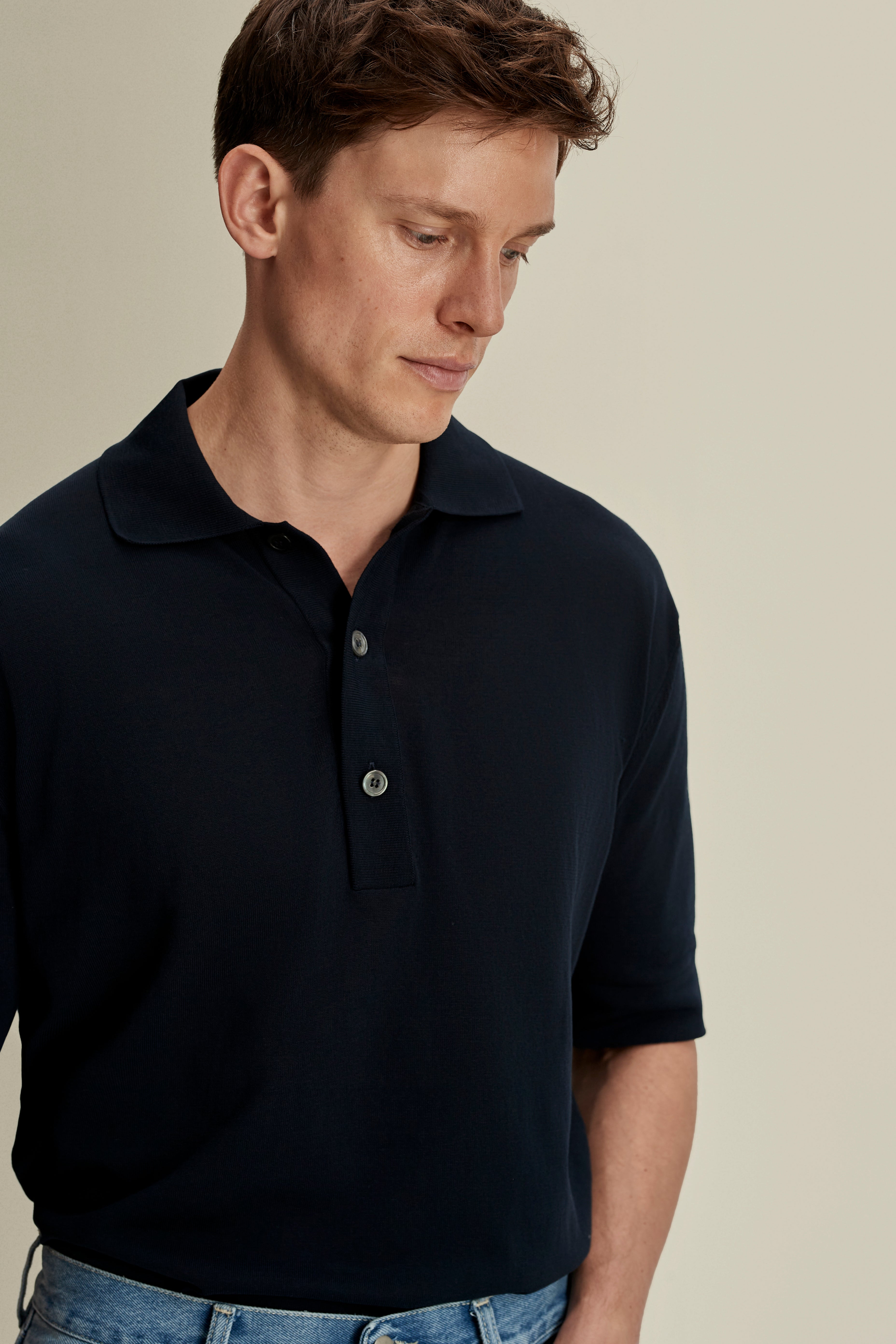 Crepe Cotton Polo Shirt Navy Model Detail Image