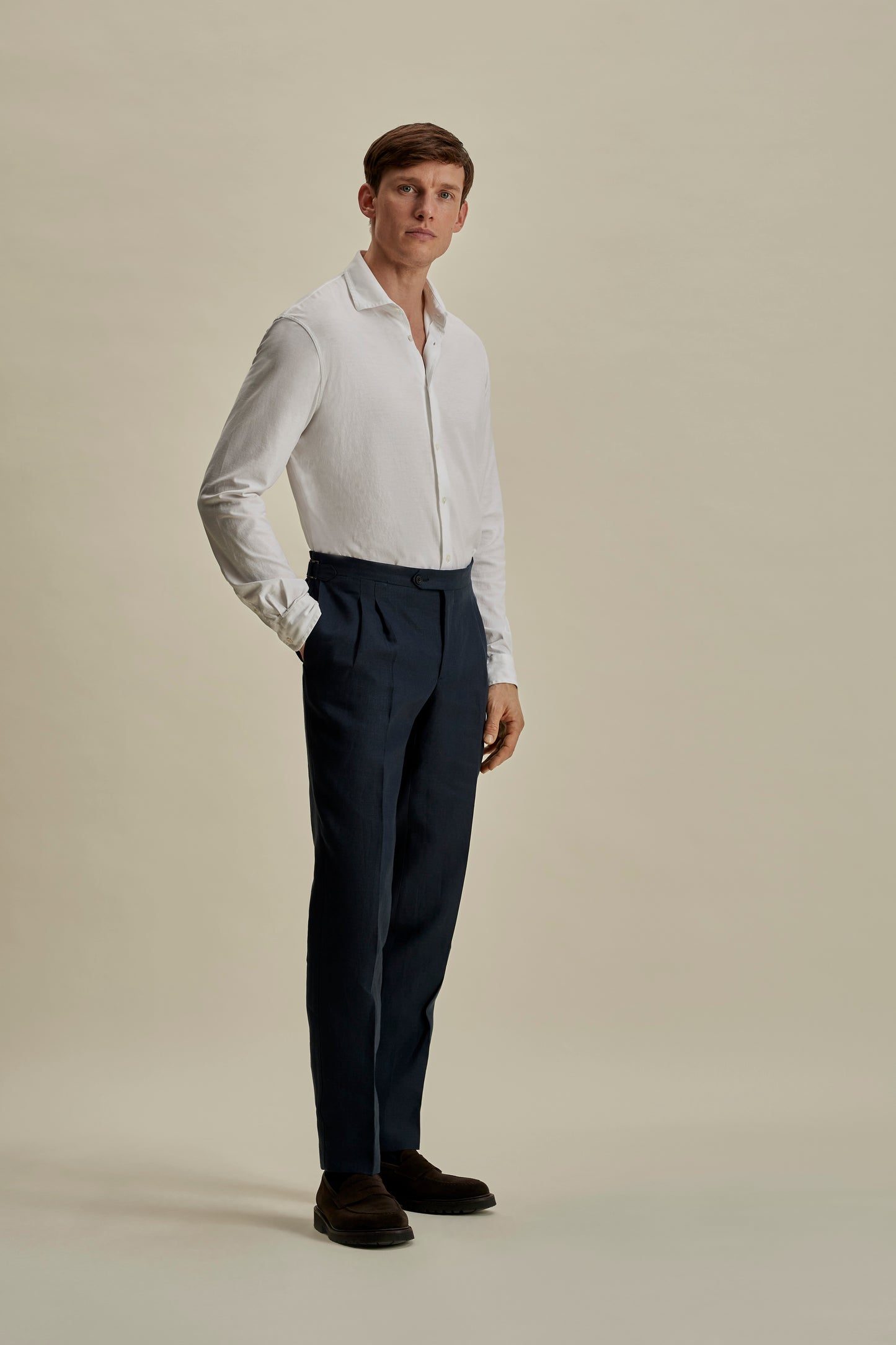 Cotton Long Sleeve Button through Polo Shirt White Full Length Model Image