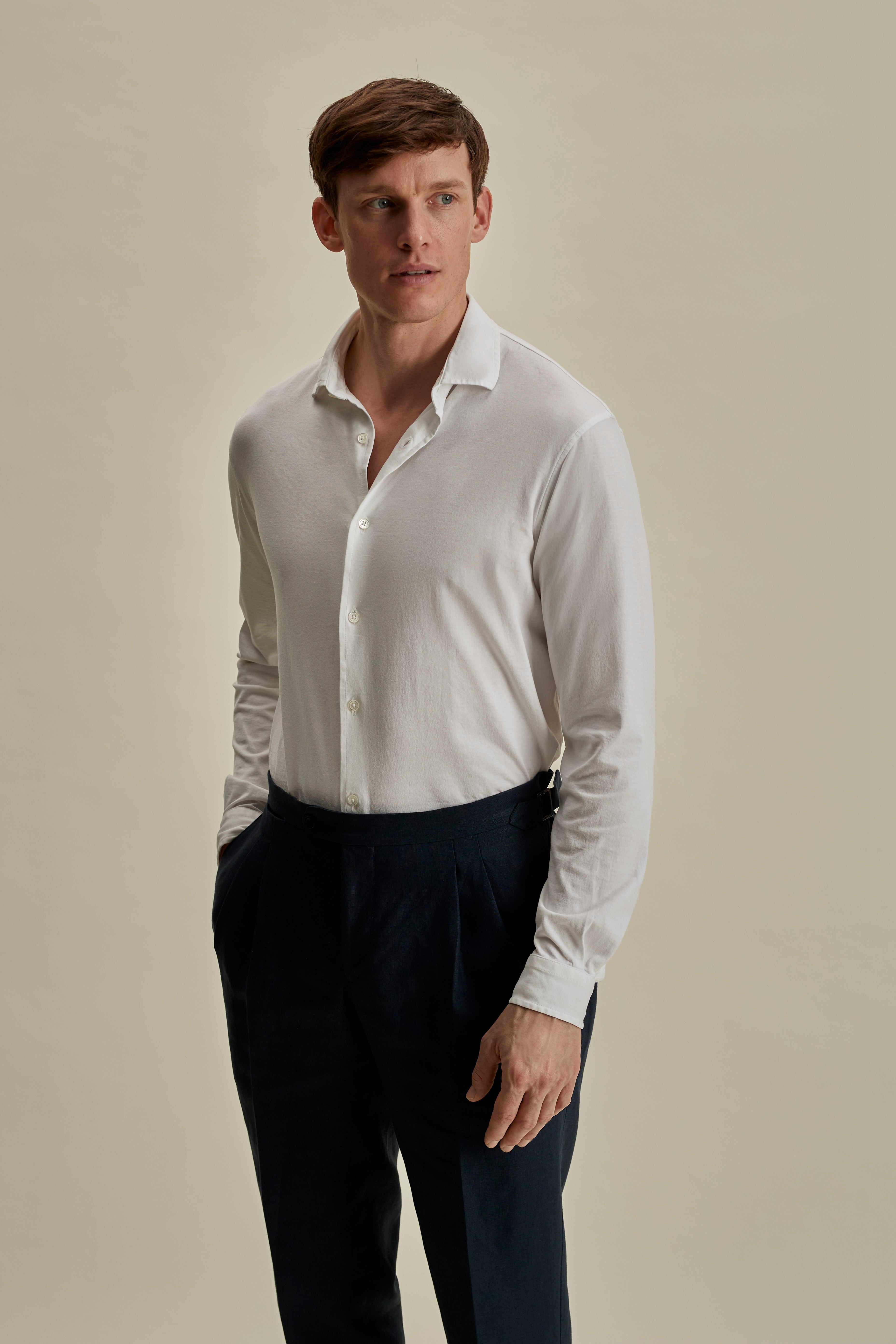 Cotton Long Sleeve Button through Polo Shirt White Mid Crop Model Image