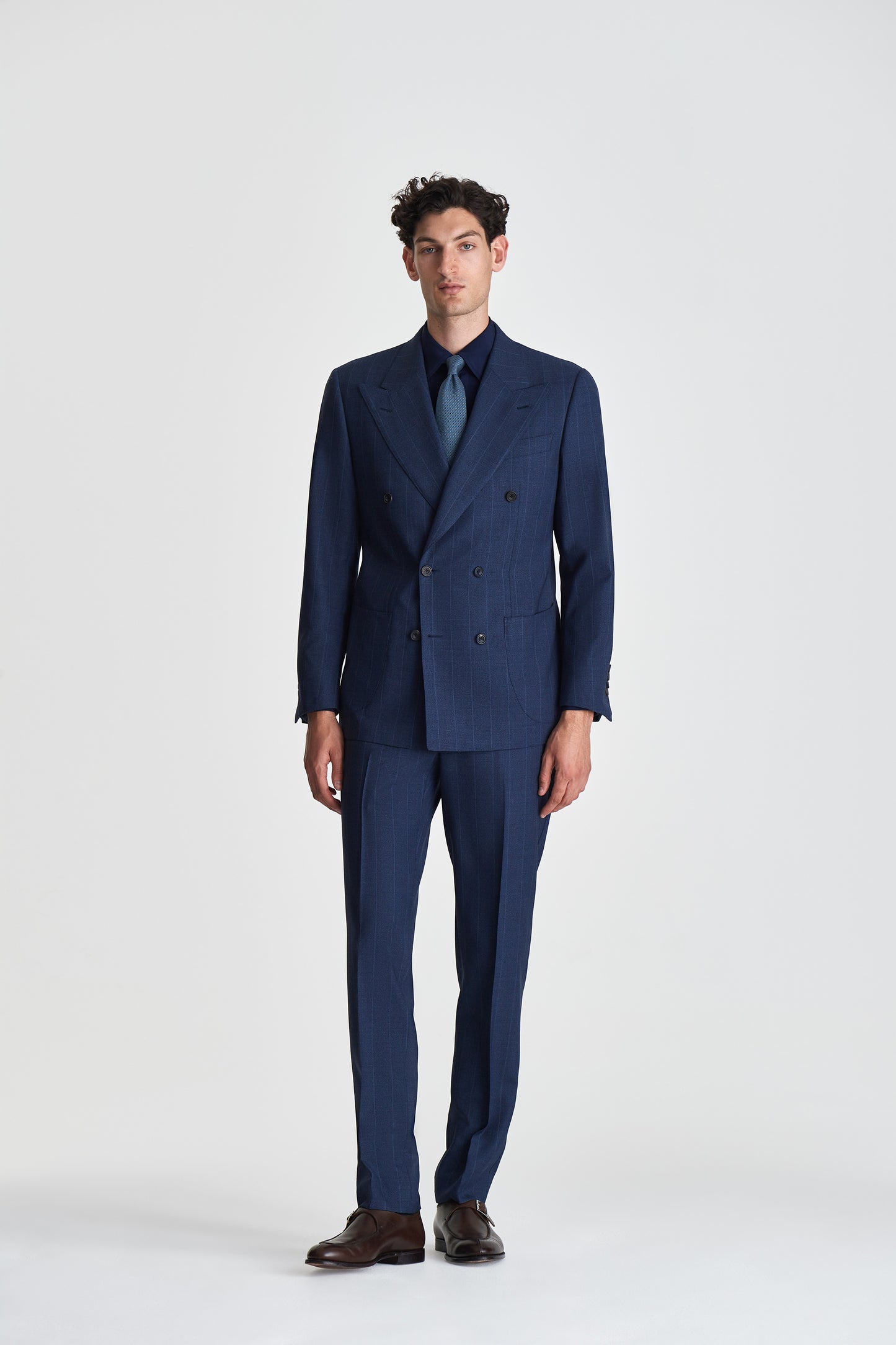 Wool Double Breasted Pin Stripe Suit Navy Jacket Model Image