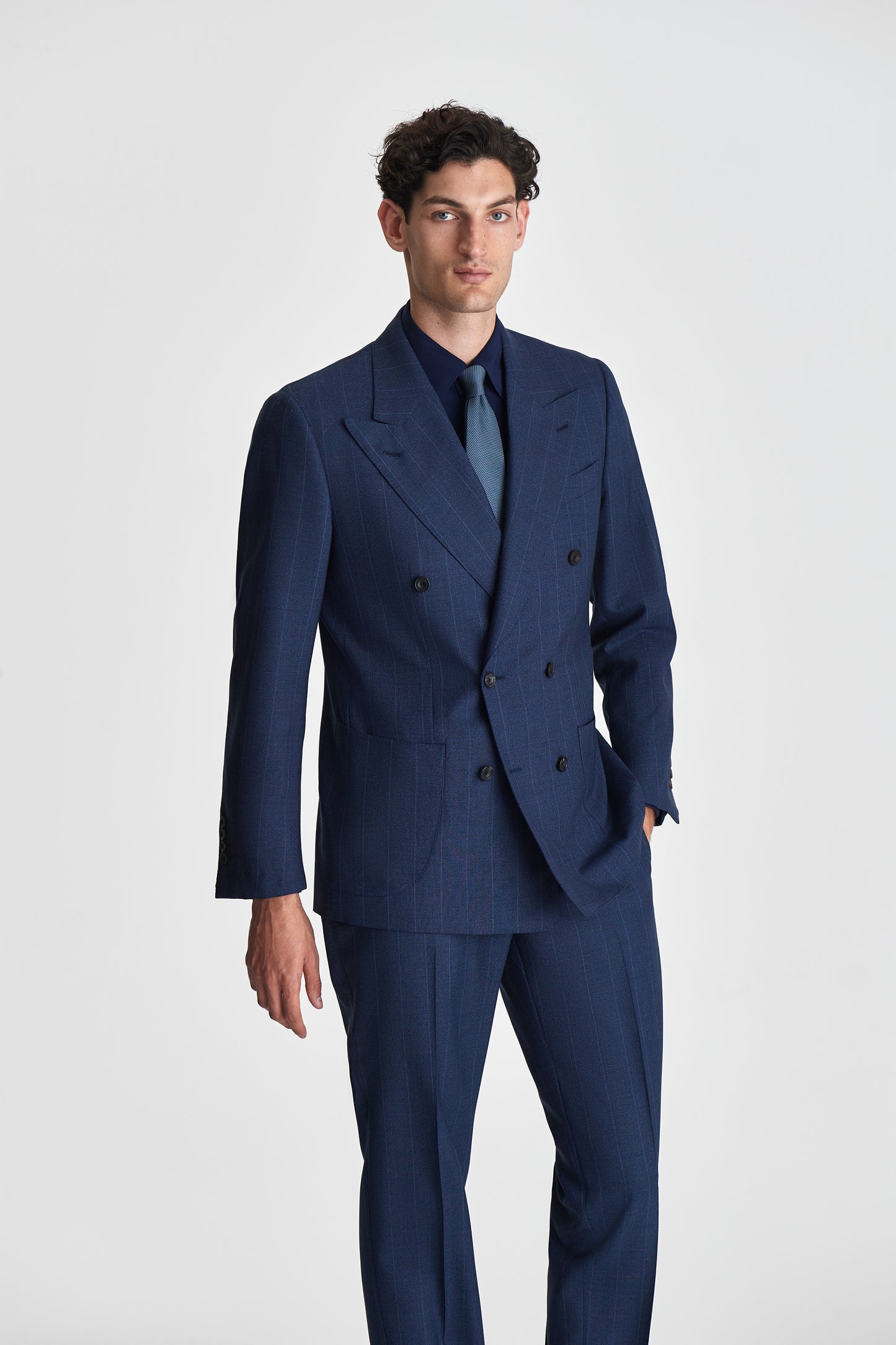Wool Double Breasted Pin Stripe Suit Navy Jacket Model Image