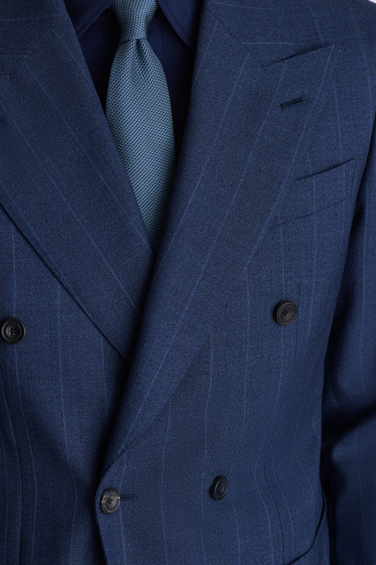 Wool Double Breasted Pin Stripe Suit Navy Jacket Lapels Model Image