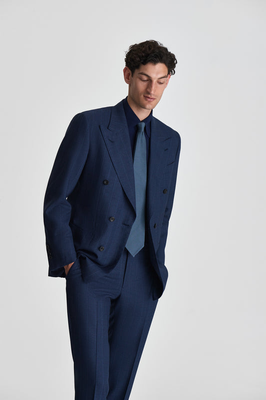 Wool Double Breasted Pin Stripe Suit Navy Jacket Model Open Image