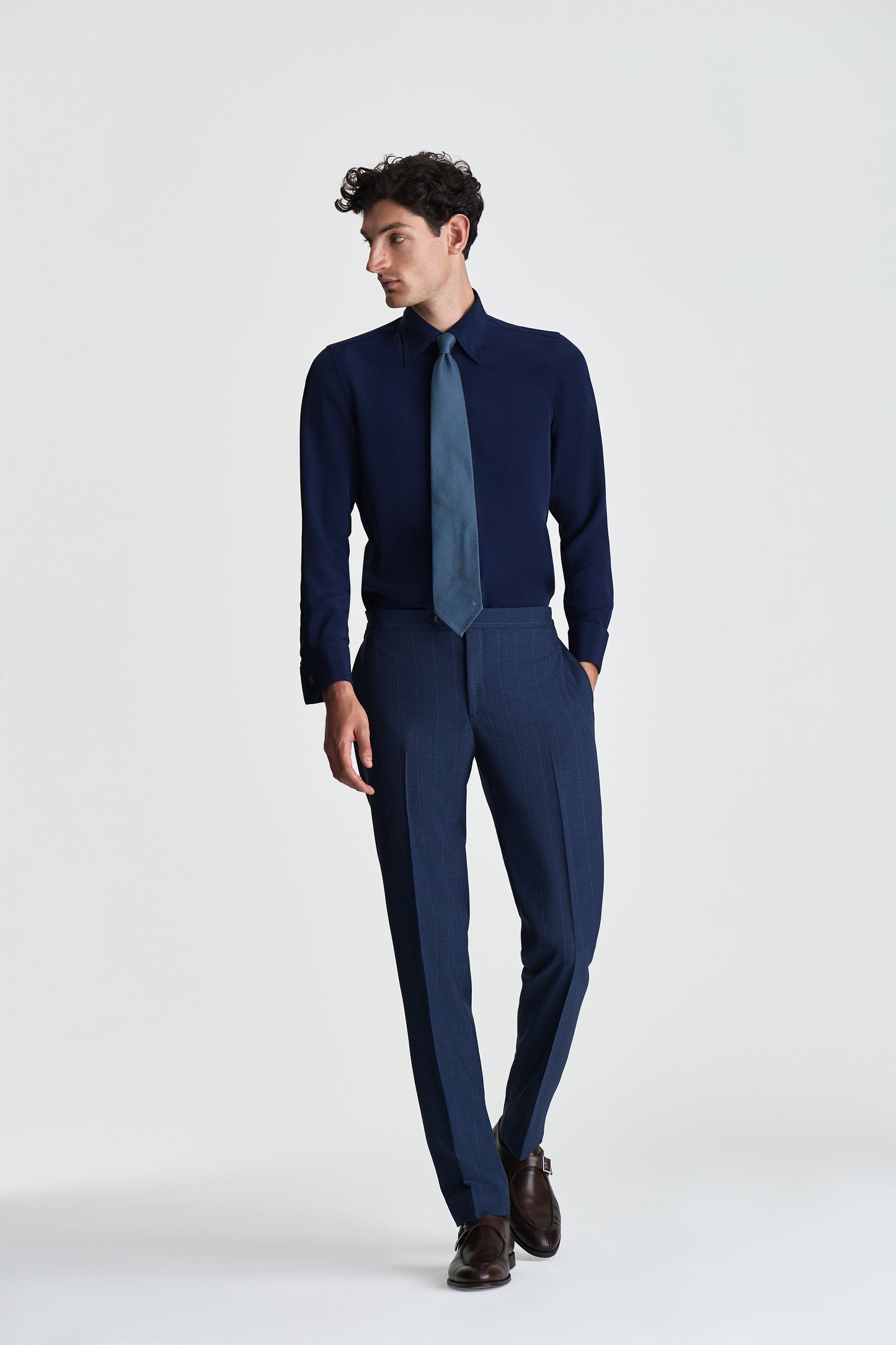 Wool Double Breasted Pin Stripe Suit Navy Trouser Model Image