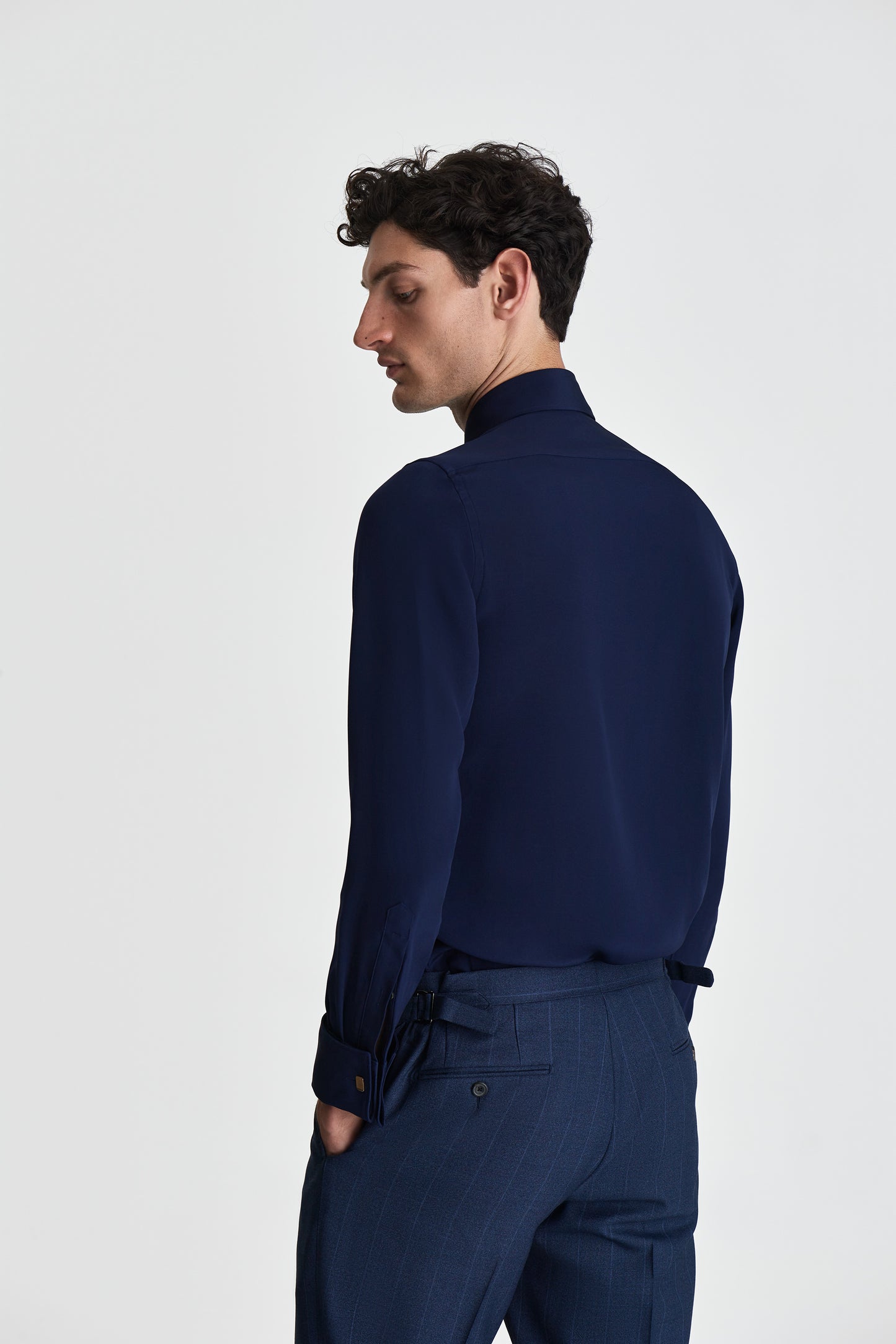 Silk Lecce Collar Fly Front Shirt Navy Back Cropped Model Image