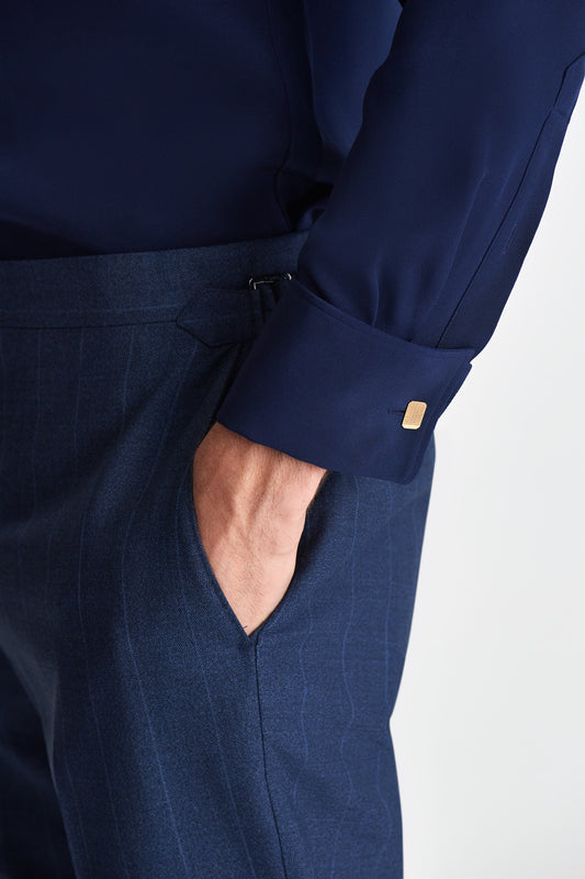 Silk Lecce Collar Fly Front Shirt Navy Detail Model Image