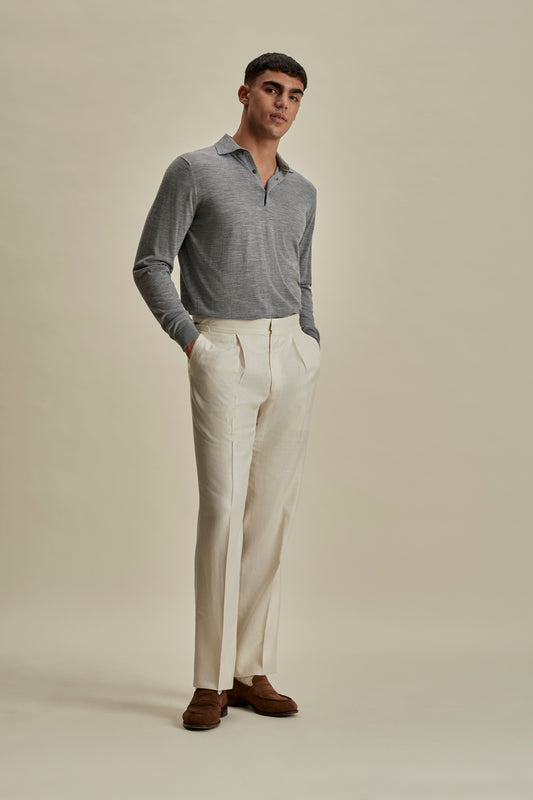 Merino Wool Fine Gauge Long Sleeve Polo Shirt Grey Full Length Model