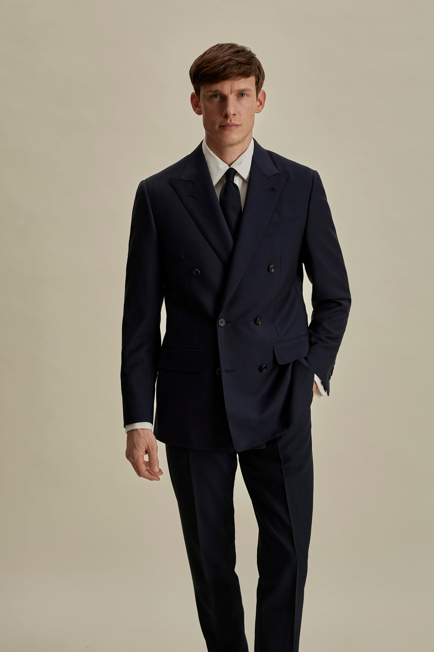 Mohair Double Breasted Peak Lapel Suit Navy Mid Crop Model Image