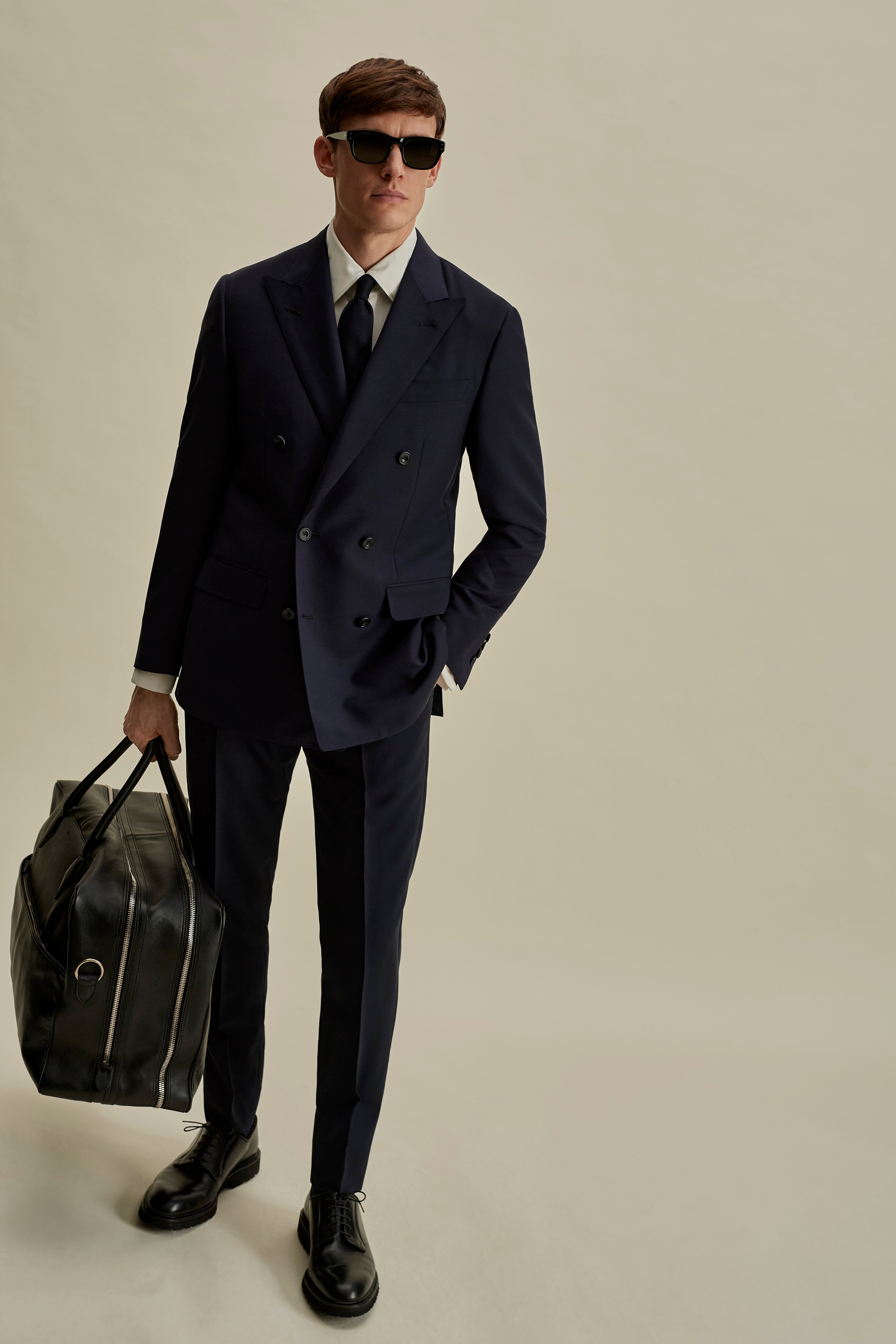Mohair Double Breasted Peak Lapel Suit Navy Full Length Model Image