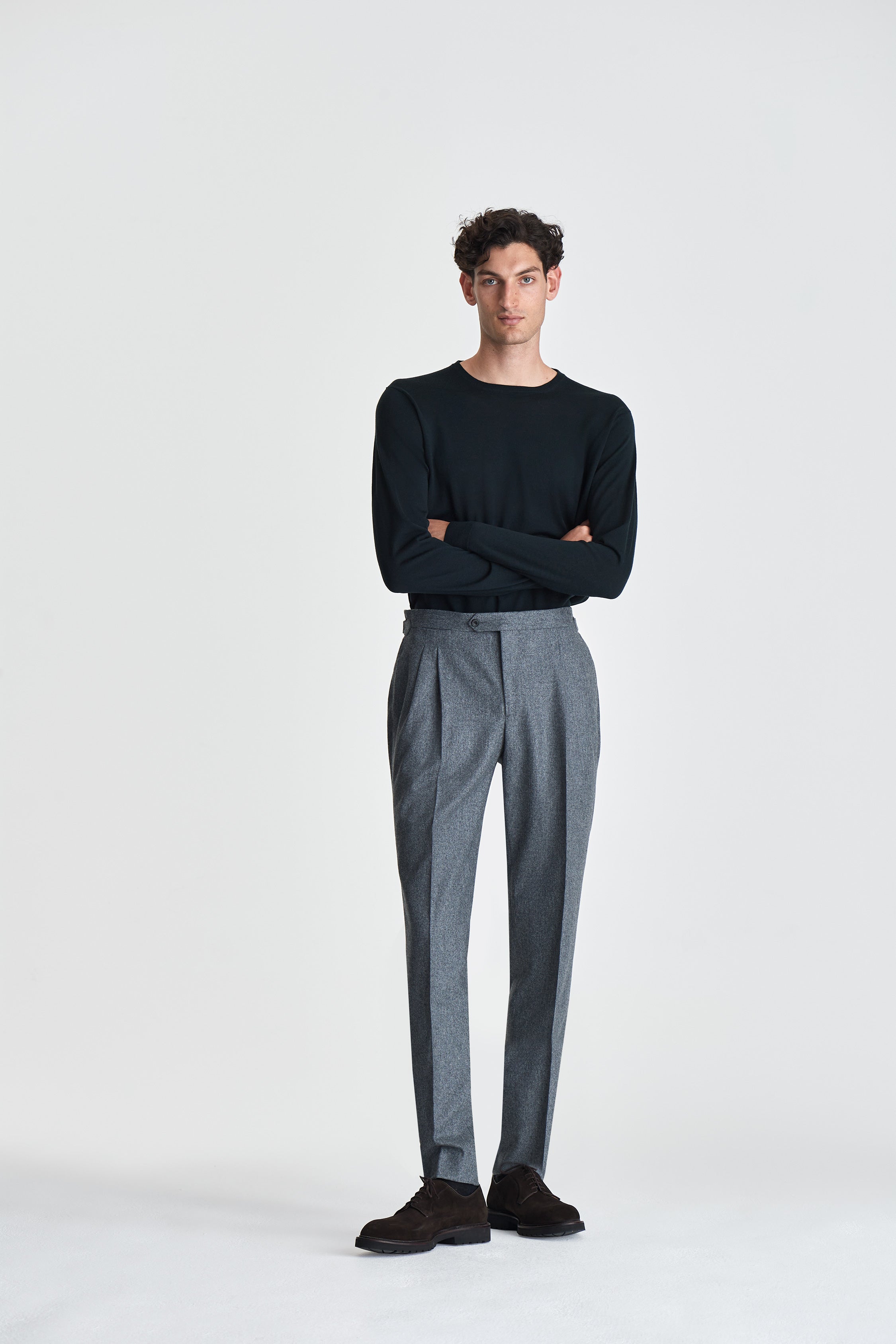 Flannel Pleated Tailored Trousers Grey Model Image