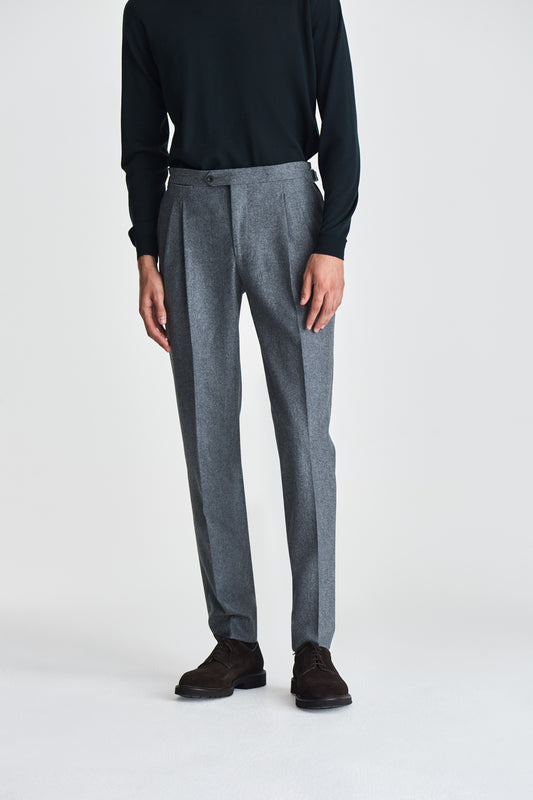 Flannel Pleated Tailored Trousers Grey Model Cropped Image