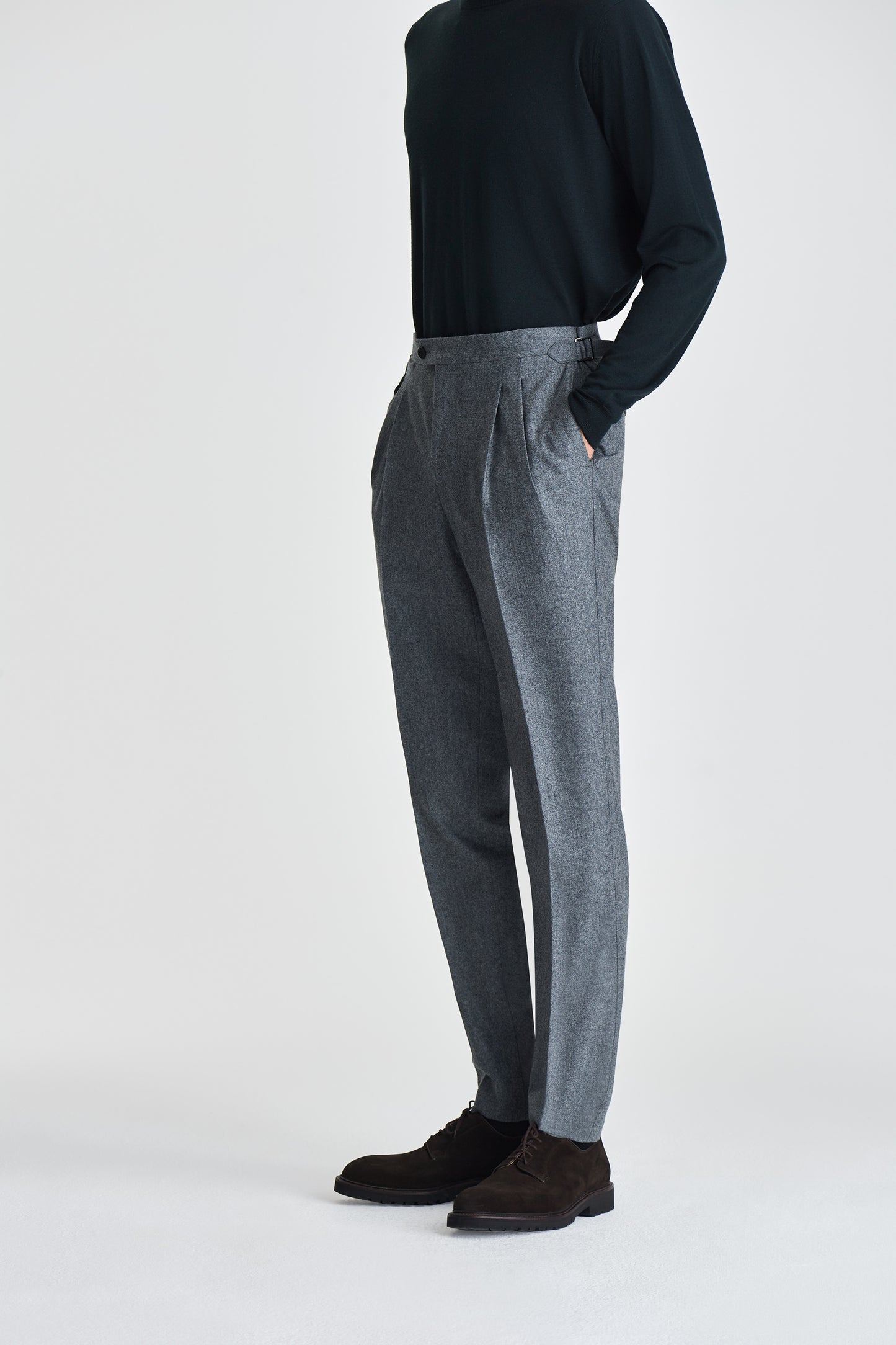 Flannel Pleated Tailored Trousers Grey Model Side Image