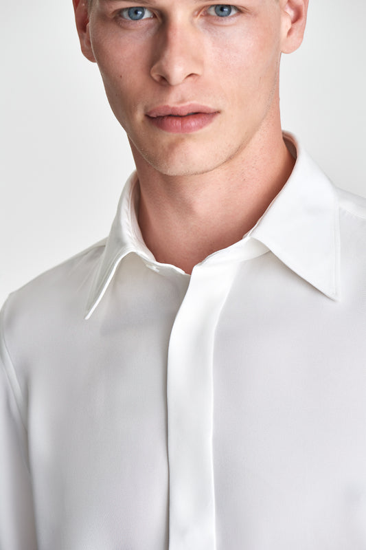 Silk Lecce Collar Fly Front Shirt White Model Collar