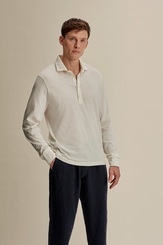 Cotton Long Sleeve Polo Shirt White Crop Model Image