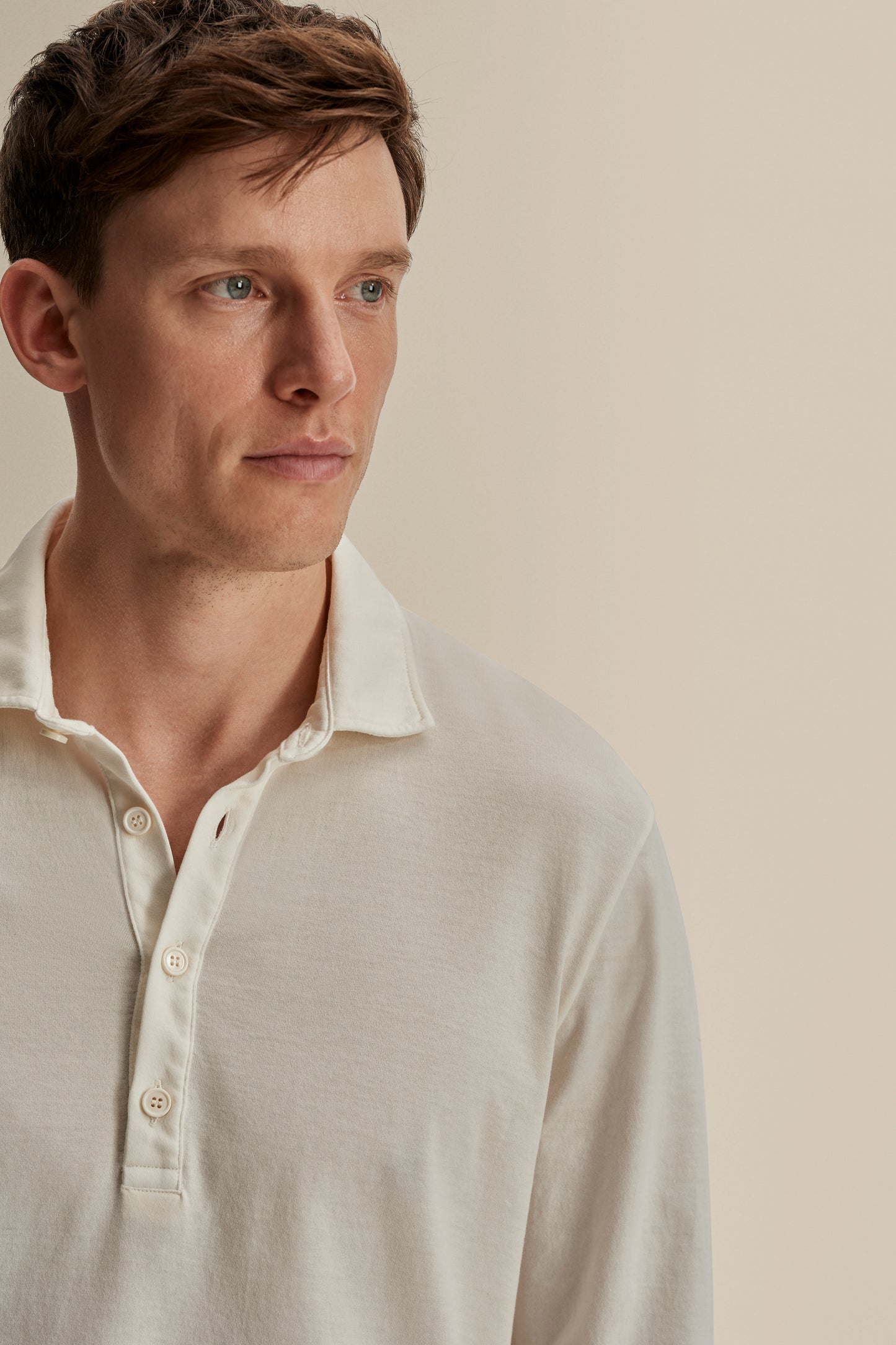 Cotton Long Sleeve Polo Shirt White Detail Model Image