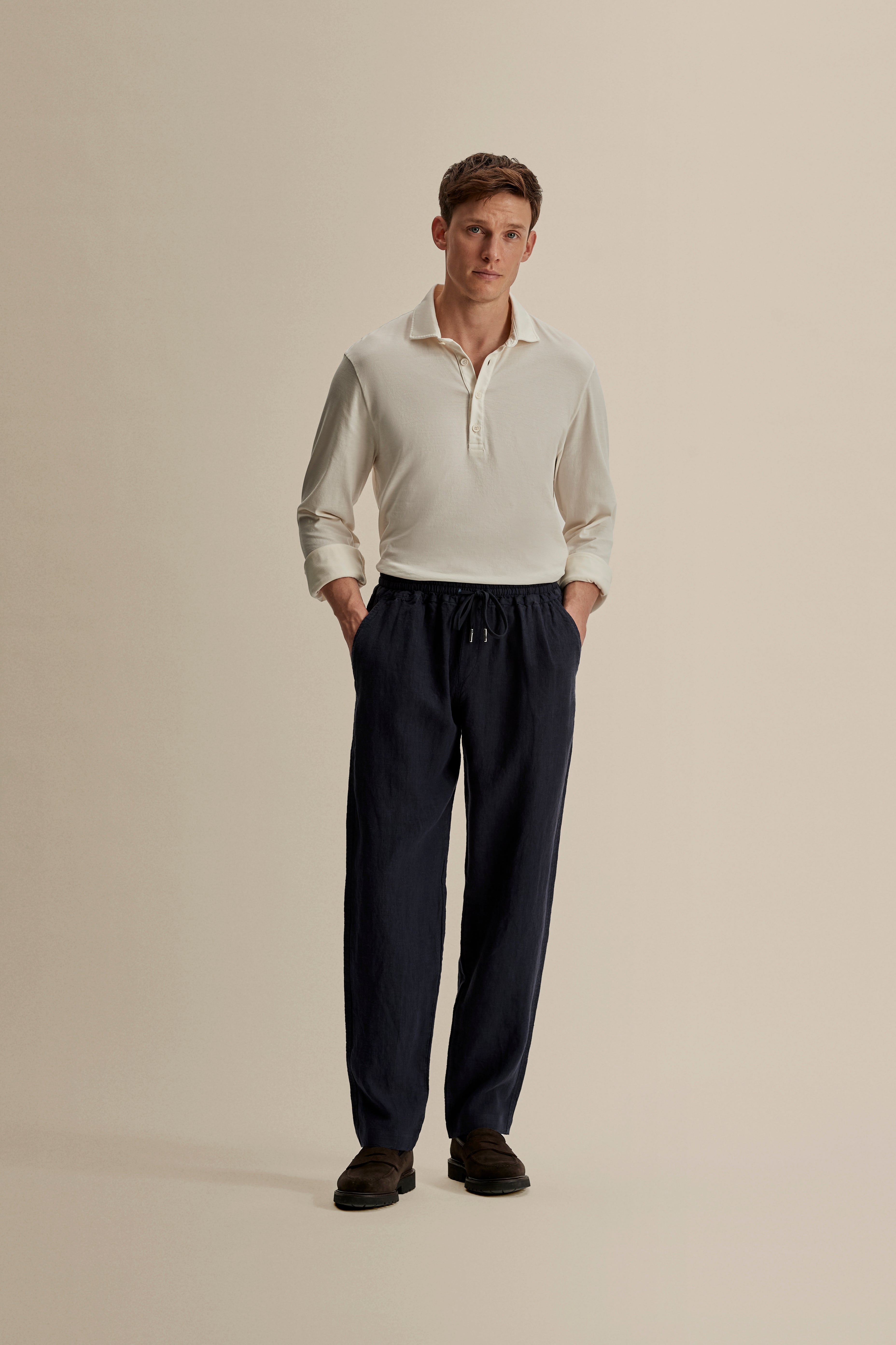 Linen Relaxed Drawstring Trousers Navy Full Length Model Image