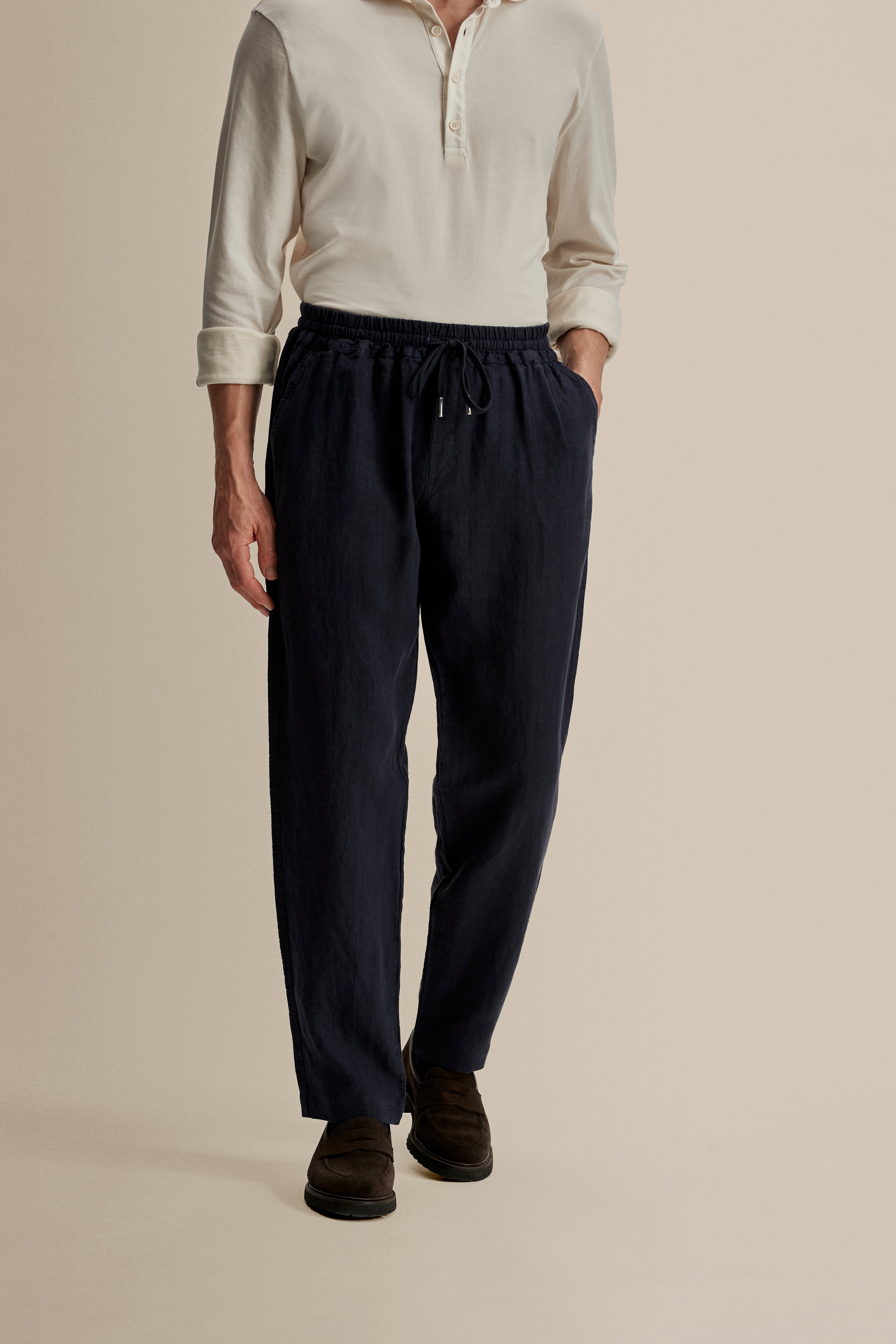 Linen Relaxed Drawstring Trousers Navy Crop Model Image