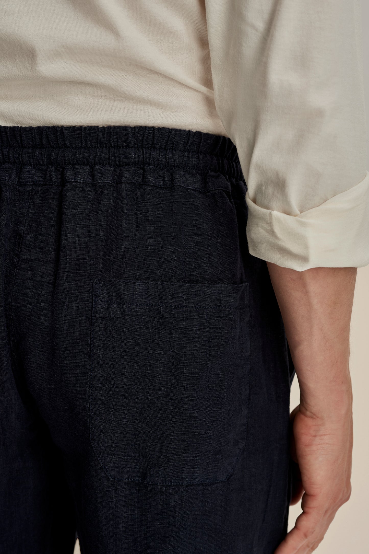 Linen Relaxed Drawstring Trousers Navy Detail Model Image