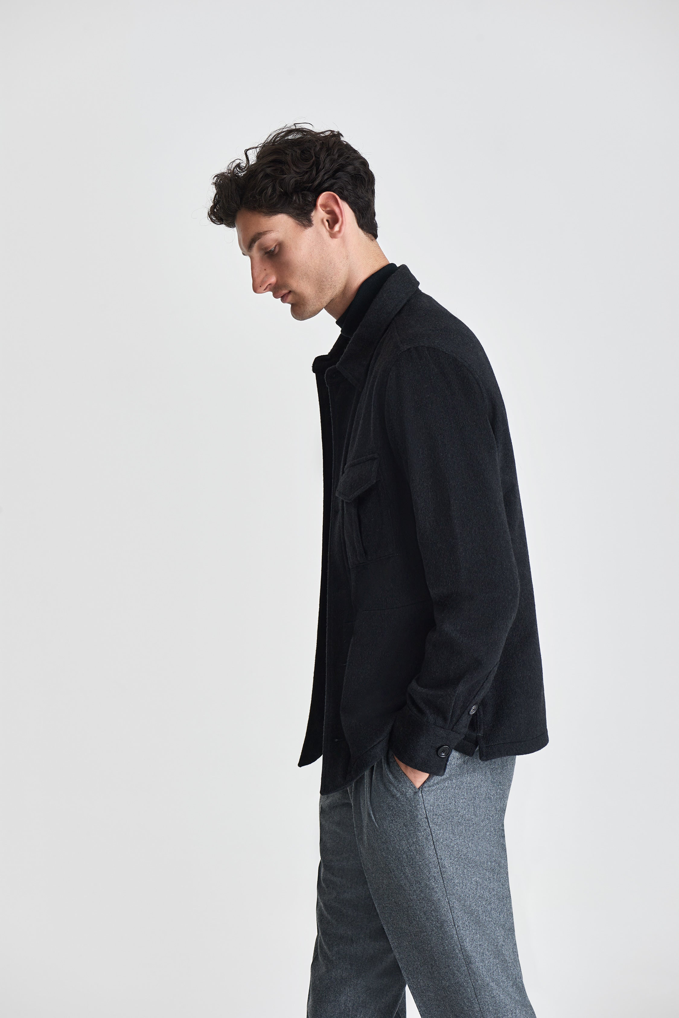 Cashmere Overshirt Charcoal Model Side Image