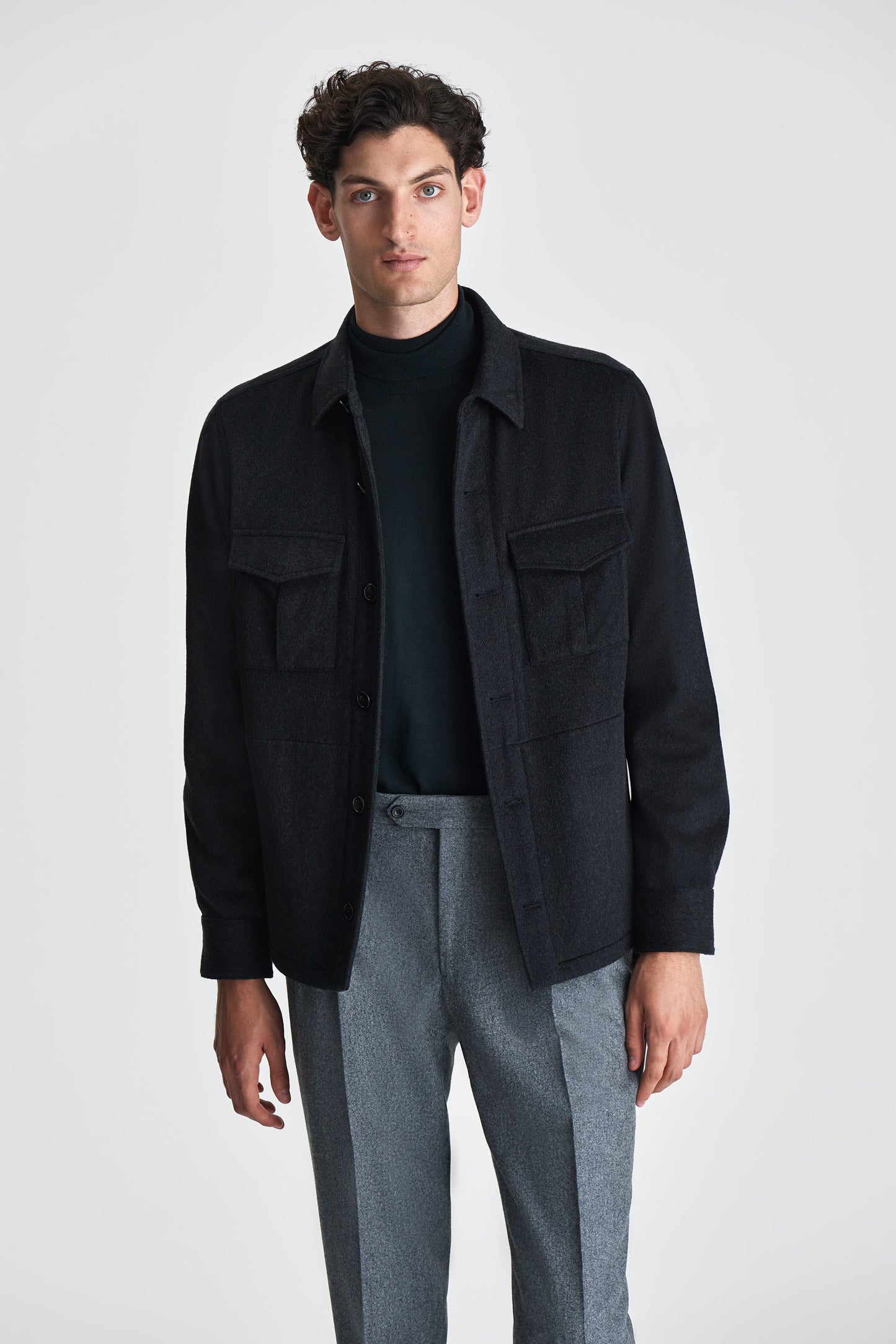 Cashmere Overshirt Charcoal Model Cropped Image