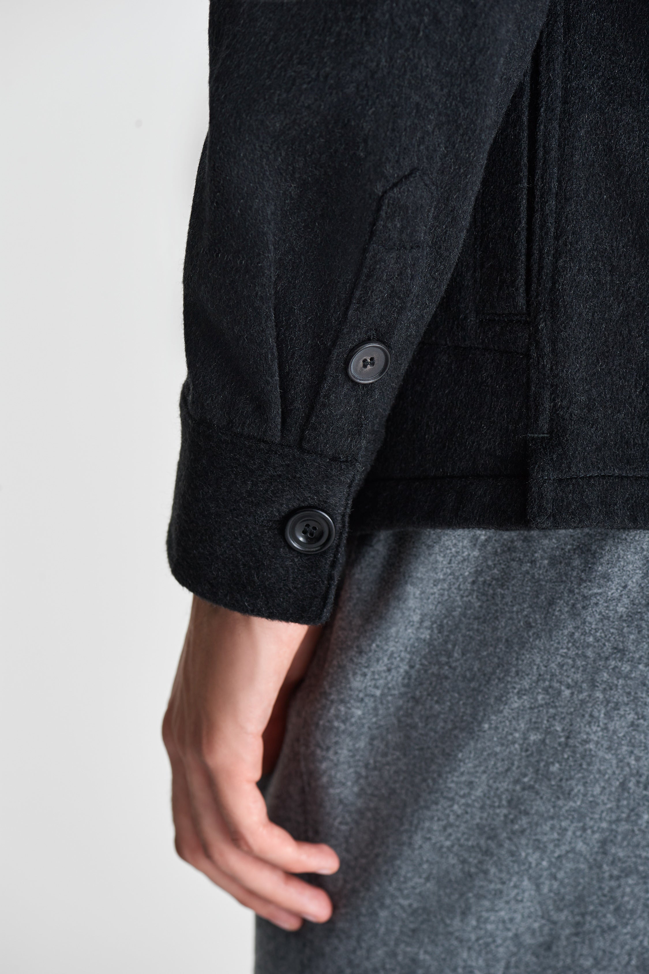Cashmere Overshirt Charcoal Model Sleeve Image