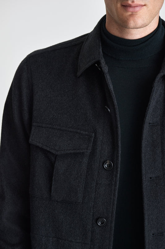 Cashmere Overshirt Charcoal Model Detail Image