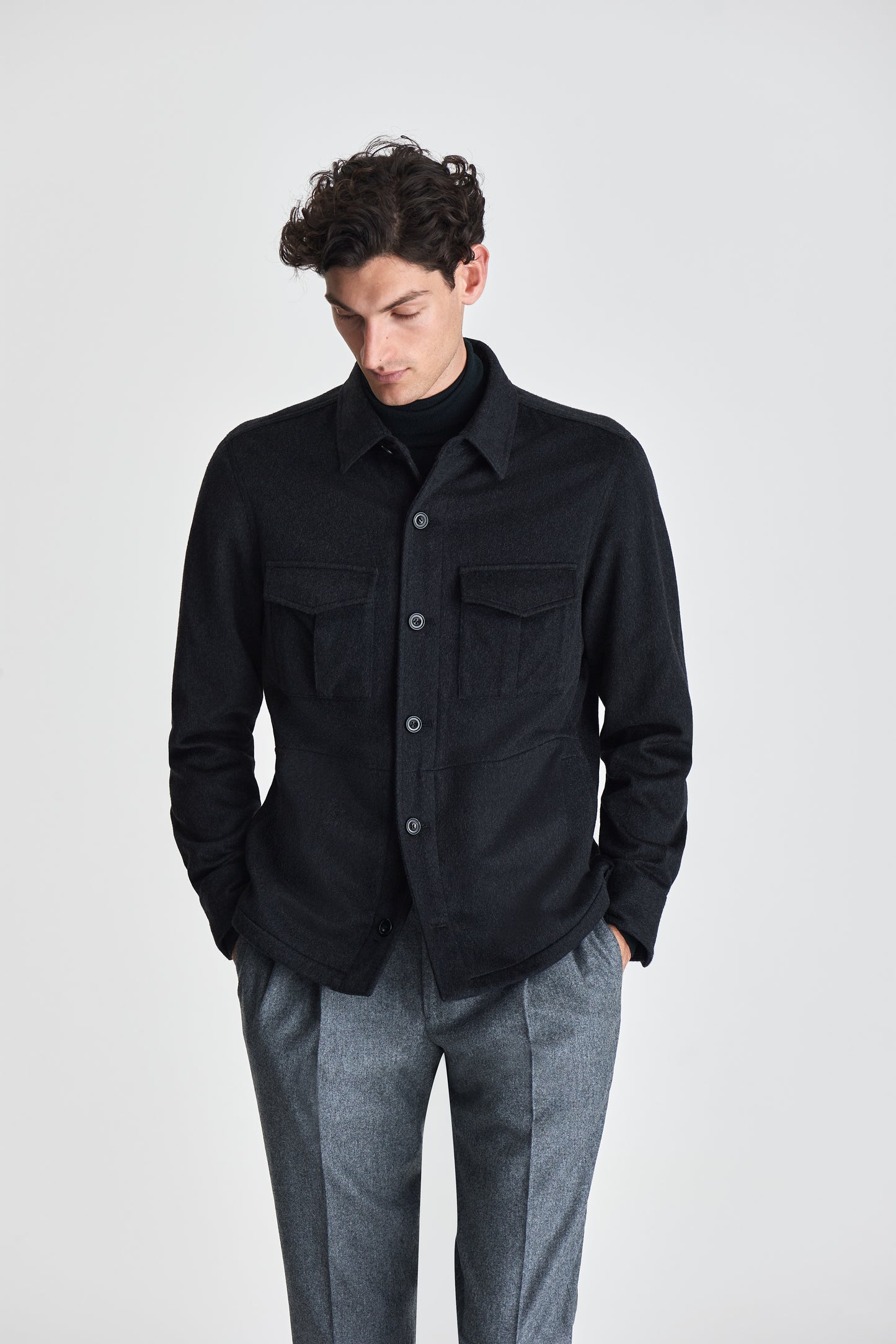 Cashmere Overshirt Charcoal Model Closed Cropped Image