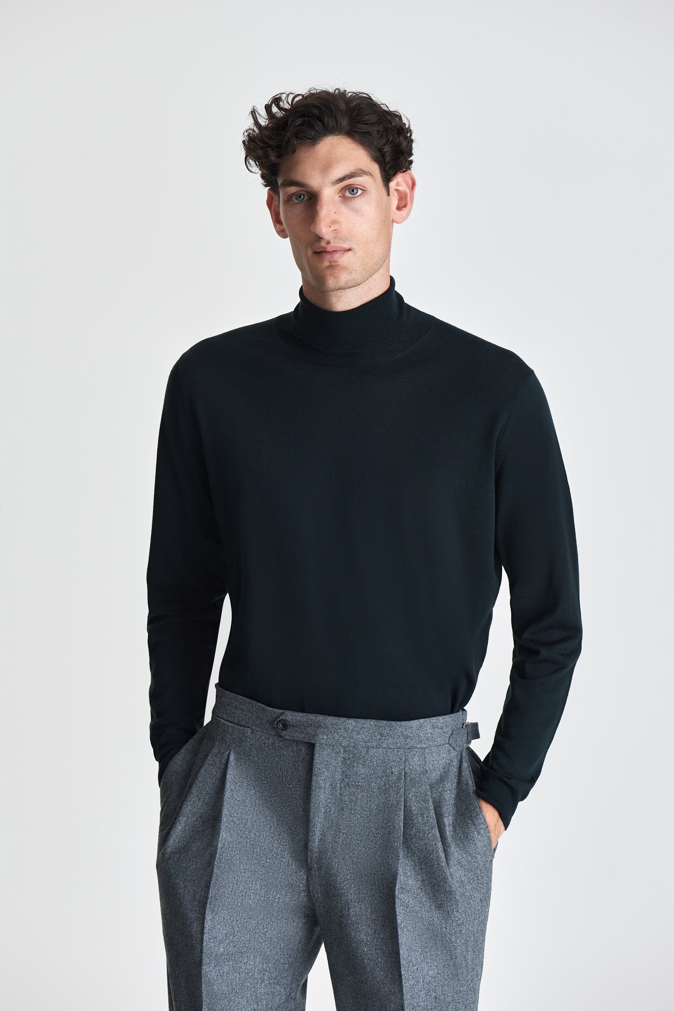 Merino Wool Extrafine Roll Neck Sweater Forest Green Cropped Model Image