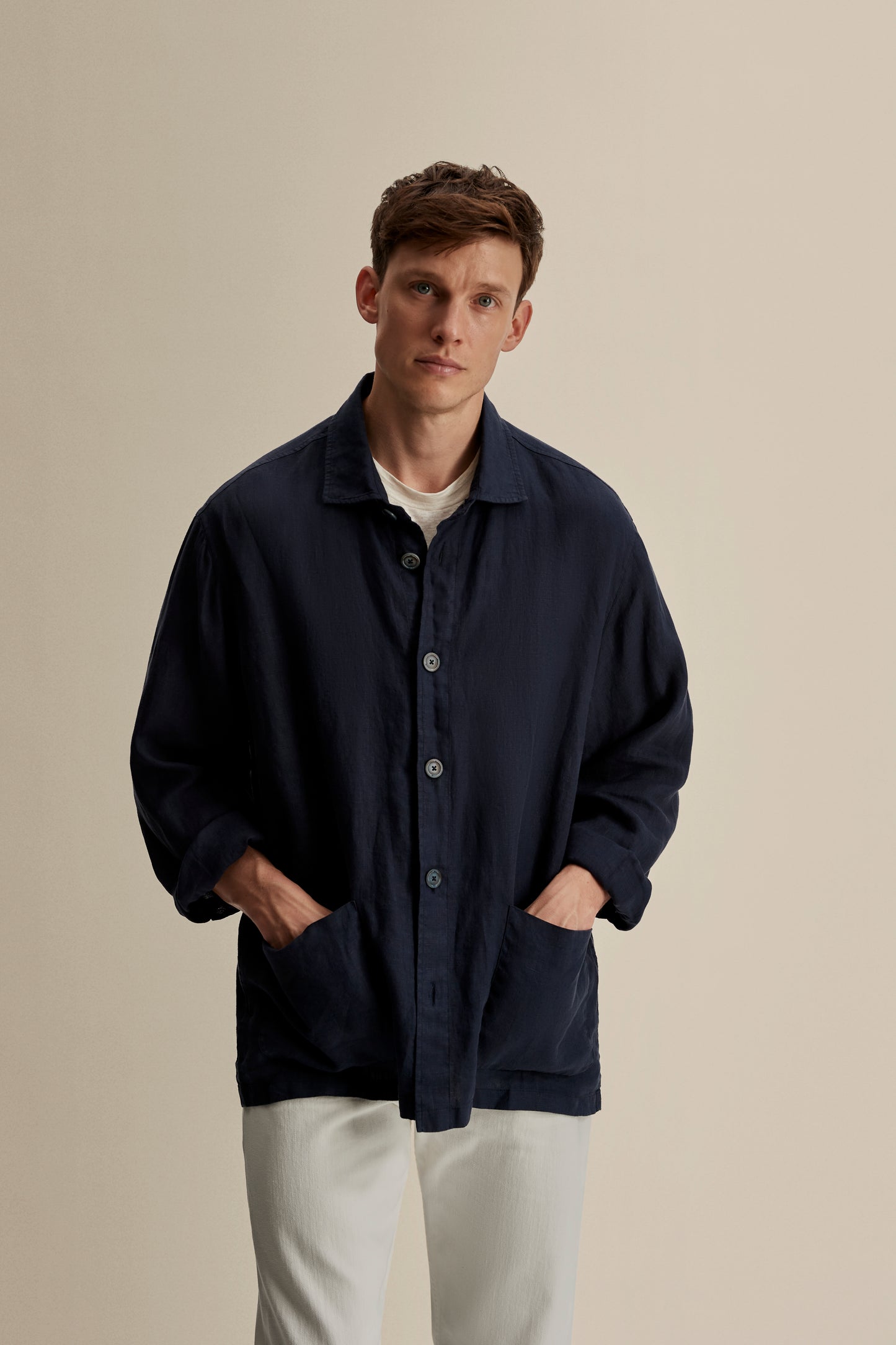Linen Relaxed Overshirt Mid Crop Model Image