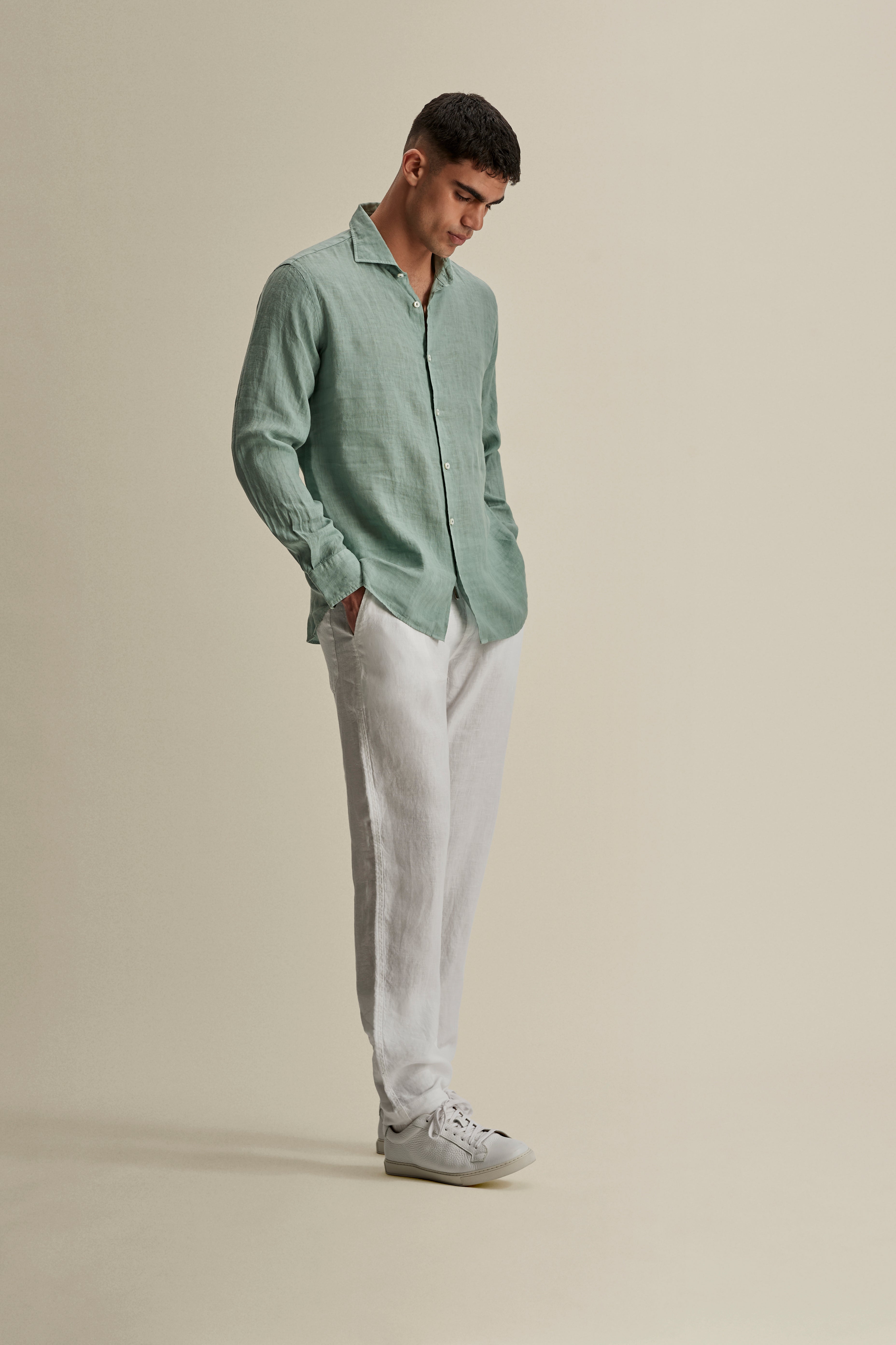 Linen Cutaway Collar Shirt Sage Full Length Model Image