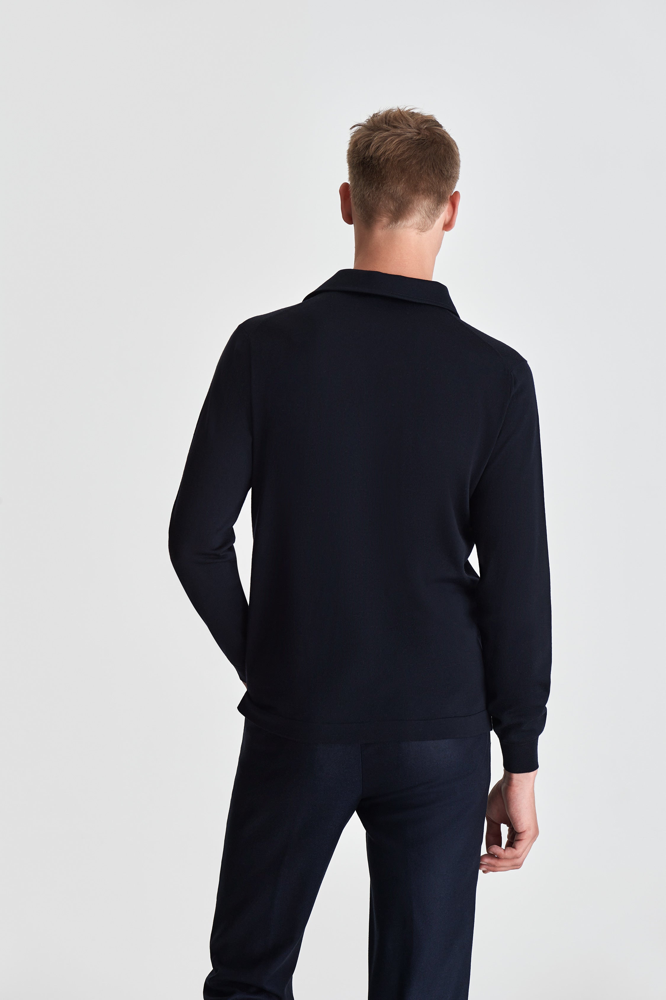 Merino Wool Extrafine Long Sleeve Polo Shirt Navy Model Back