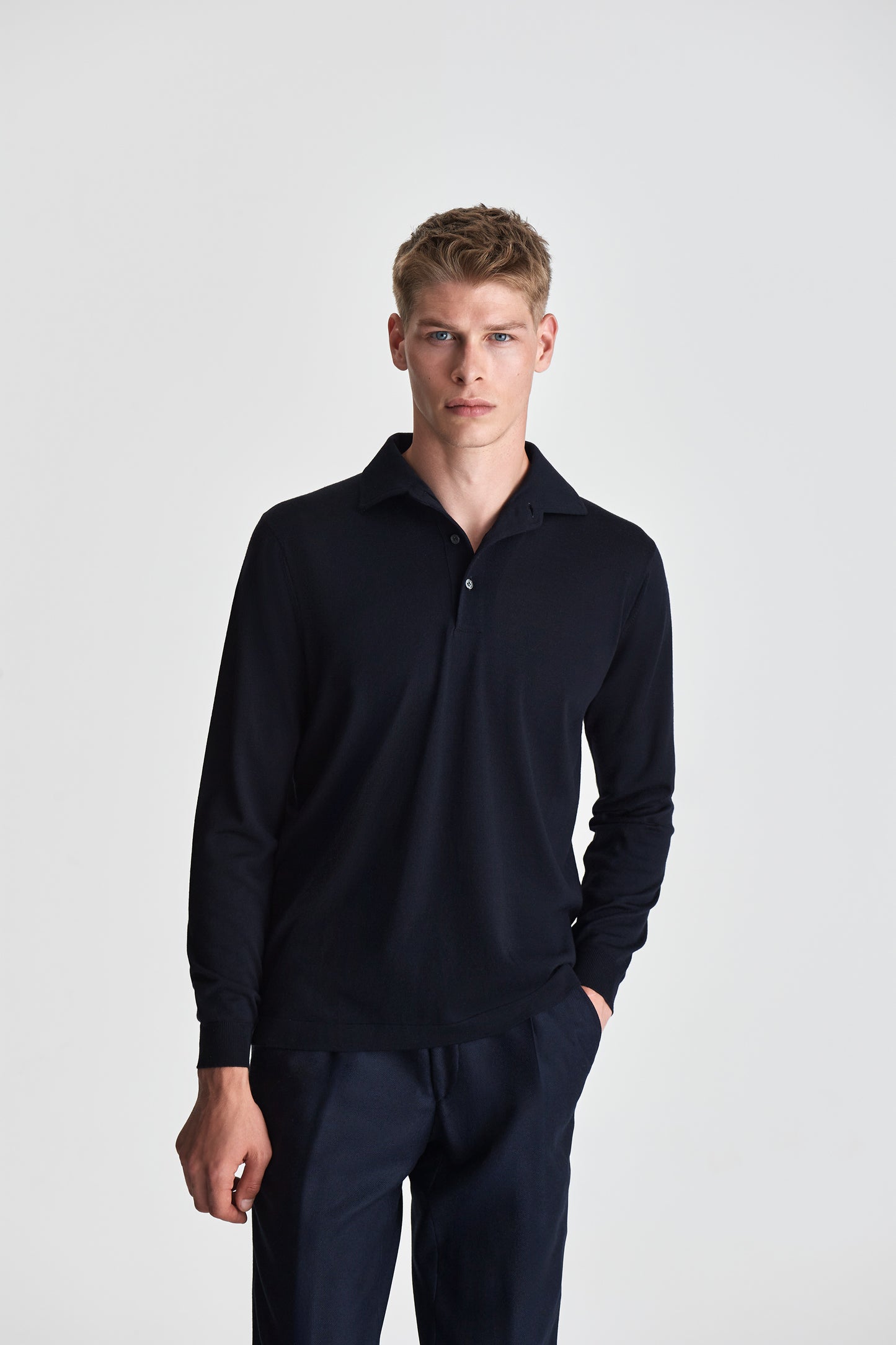 Merino Wool Extrafine Long Sleeve Polo Shirt Navy Model Cropped