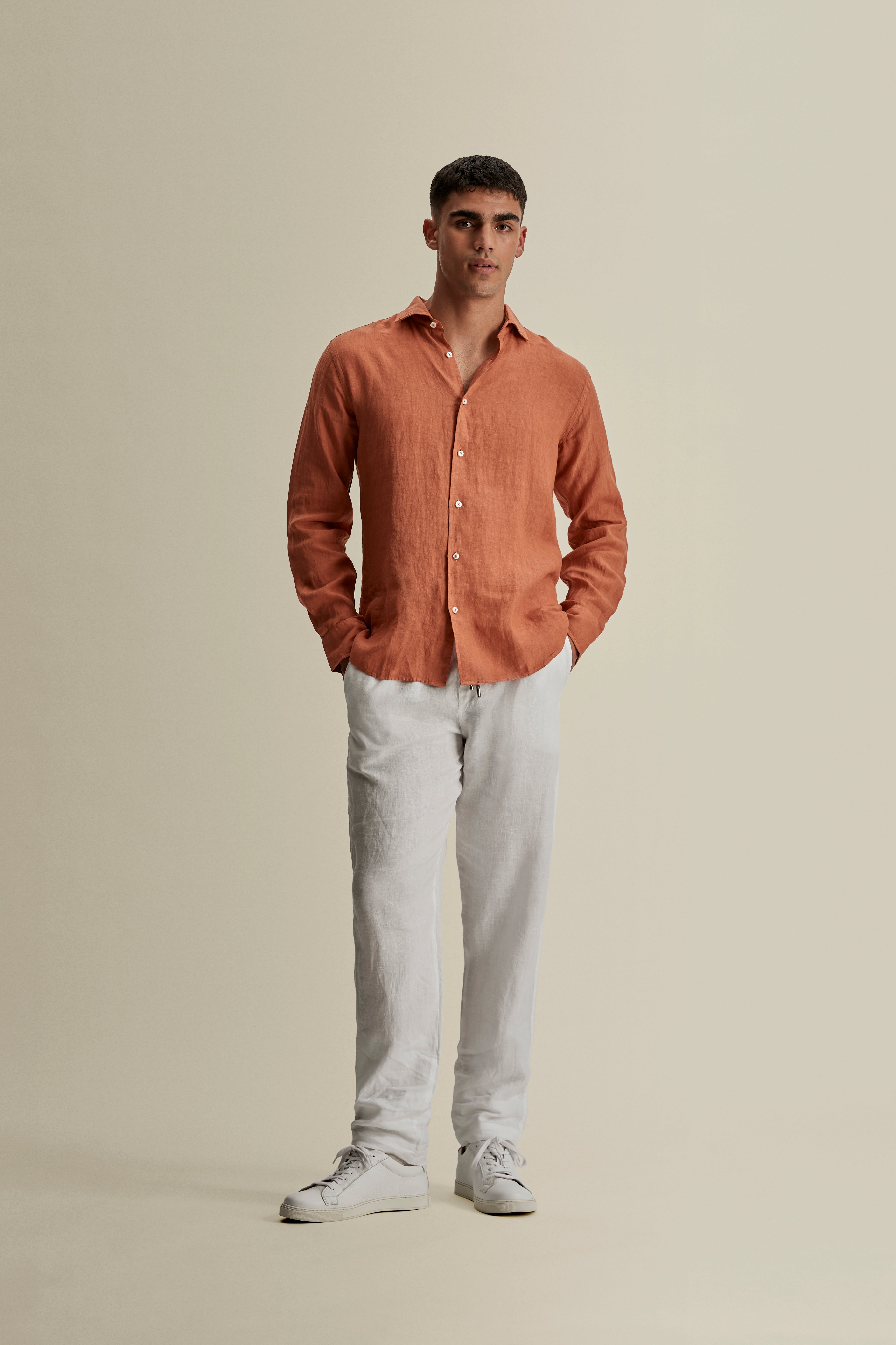 Linen Cutaway Collar Shirt Terracotta Full Length Model Image