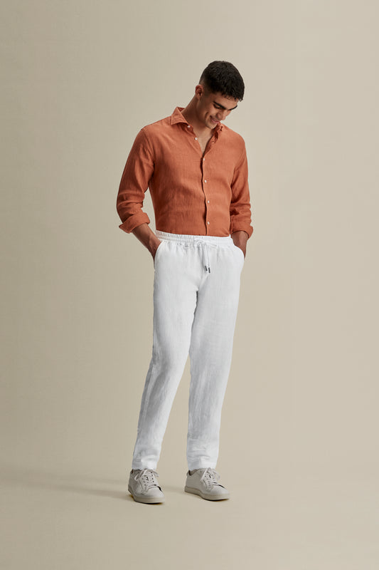 Linen Relaxed Drawstring Trousers White Full Length Model Image