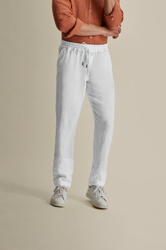 Linen Relaxed Drawstring Trousers White Crop Model Image