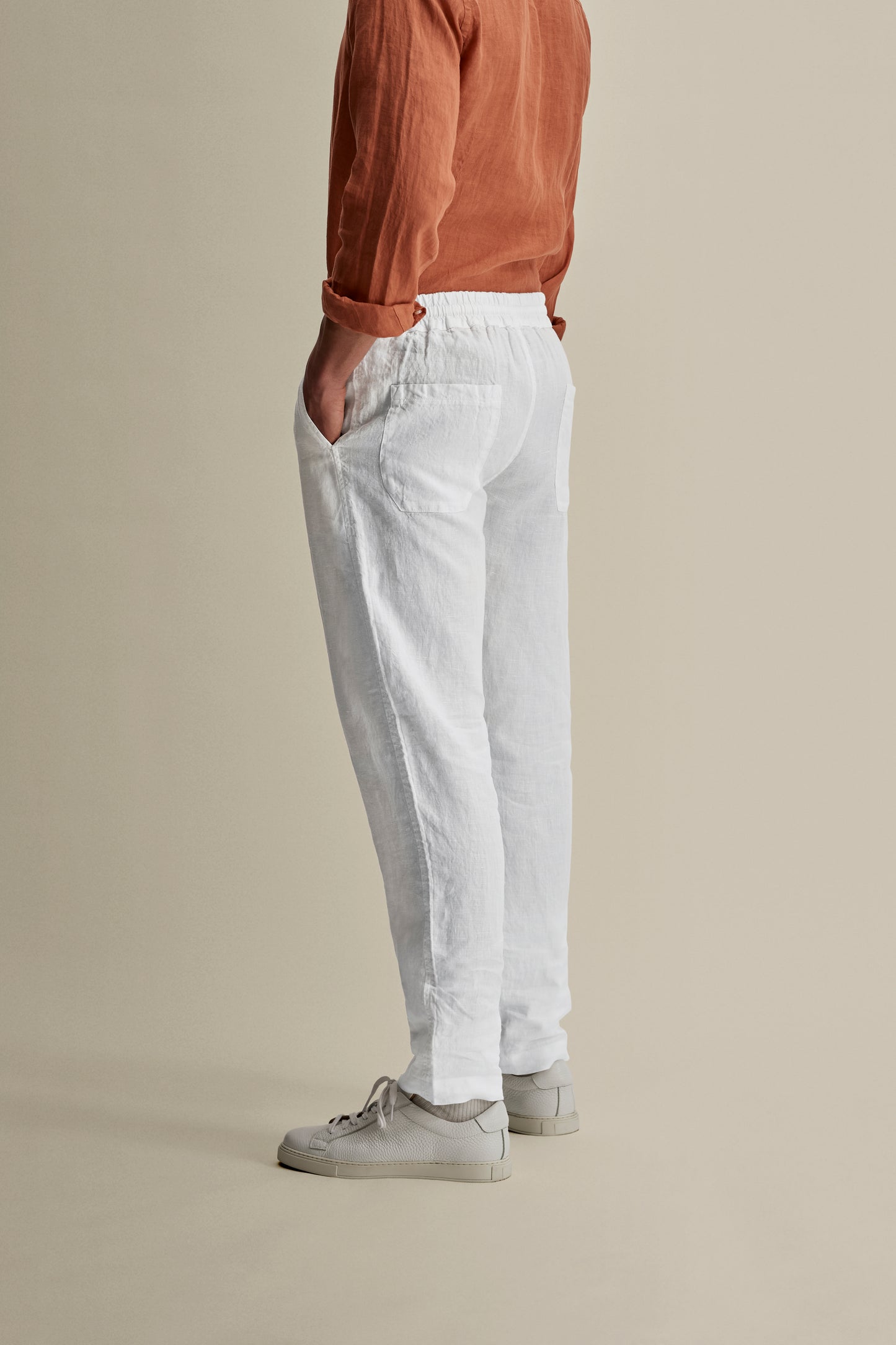 Linen Relaxed Drawstring Trousers White Crop Model Image
