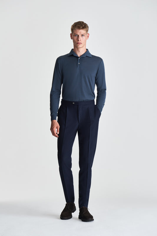 Merino Wool Extrafine Long Sleeve Polo Shirt Slate Blue Model Image