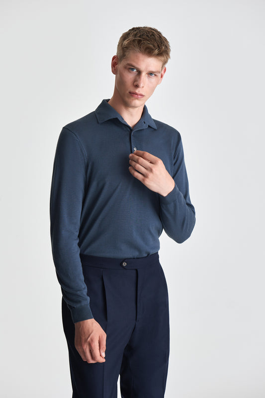 Merino Wool Extrafine Long Sleeve Polo Shirt Slate Blue Model Cropped Image