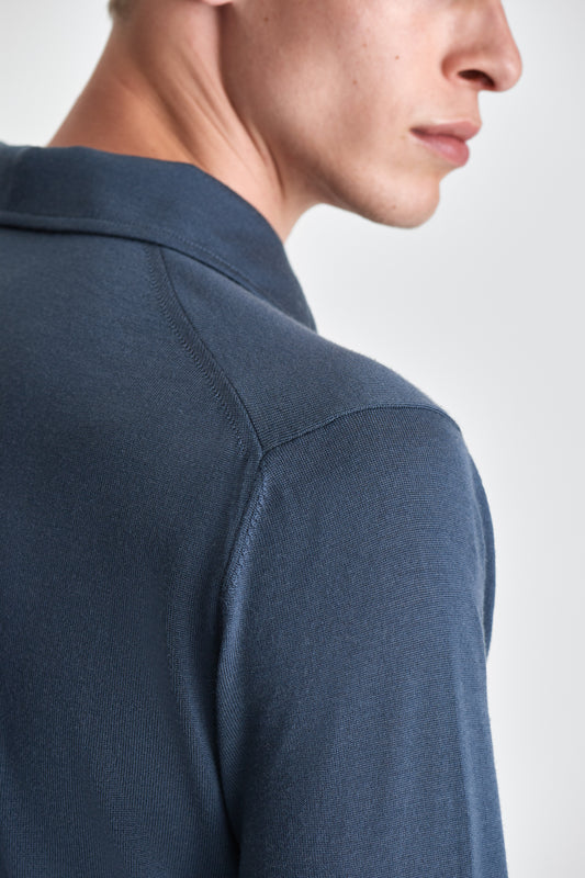 Merino Wool Extrafine Long Sleeve Polo Shirt Slate Blue Model Shoulder Image