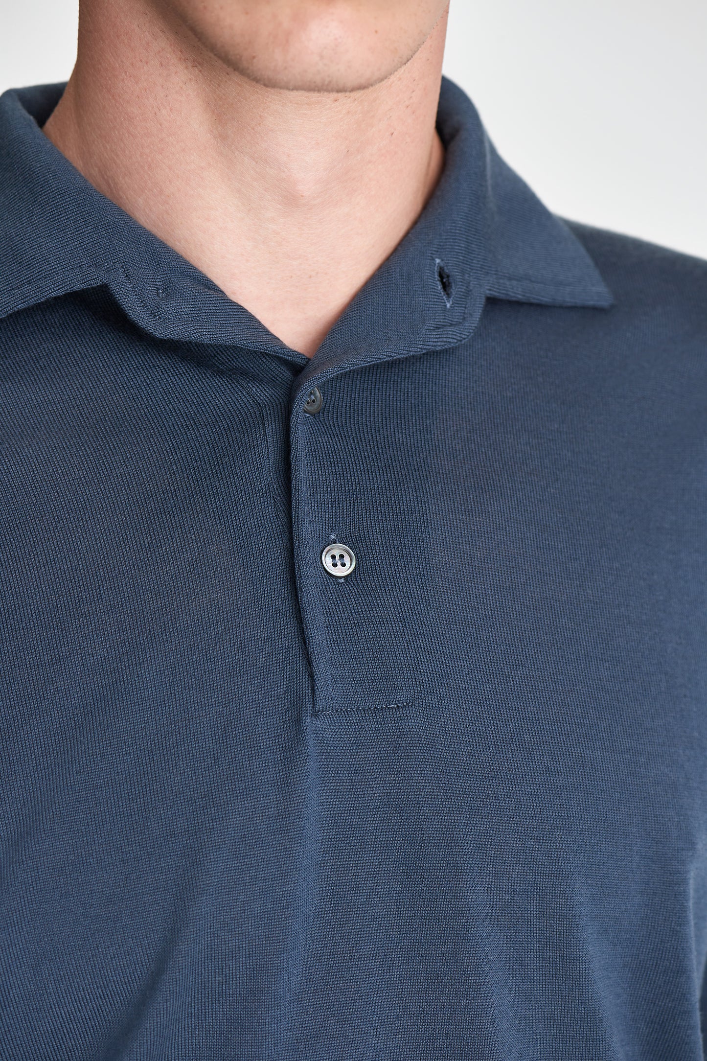 Merino Wool Extrafine Long Sleeve Polo Shirt Slate Blue Model Collar Image