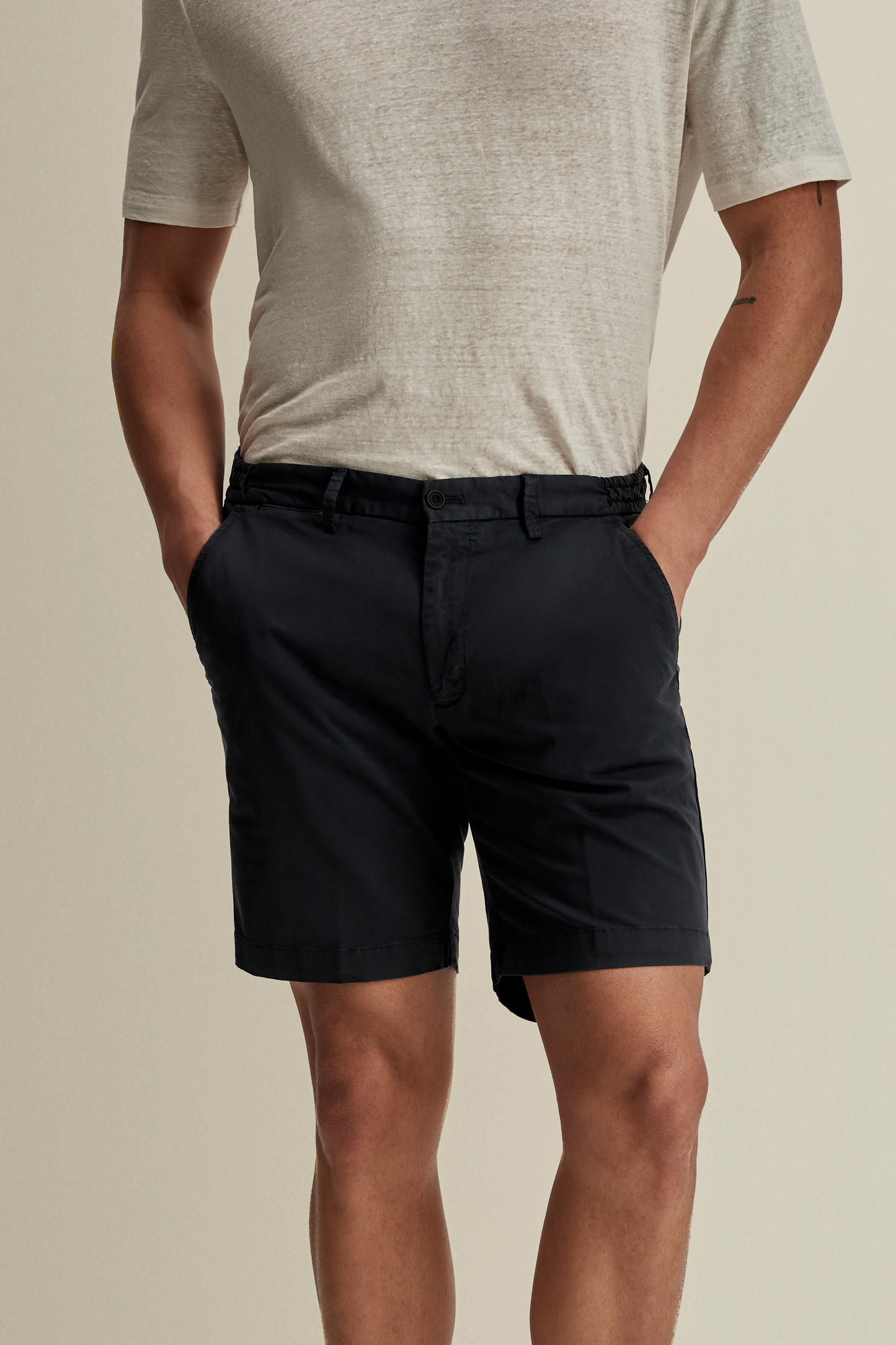 Cotton Flat Front Casual Shorts Navy Model Crop Image