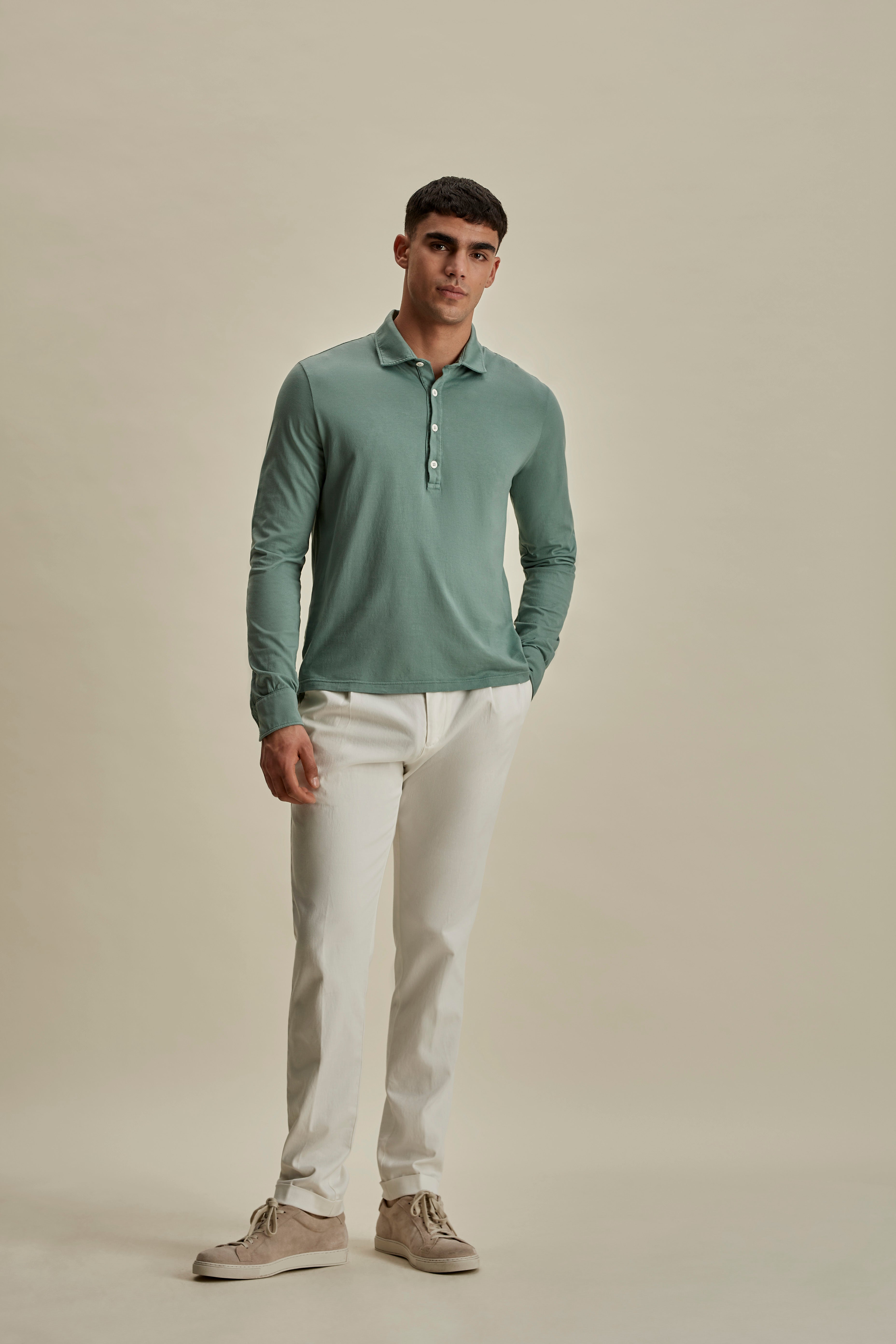 Cotton Long Sleeve Polo Shirt Sage Long Sleeve Model Image
