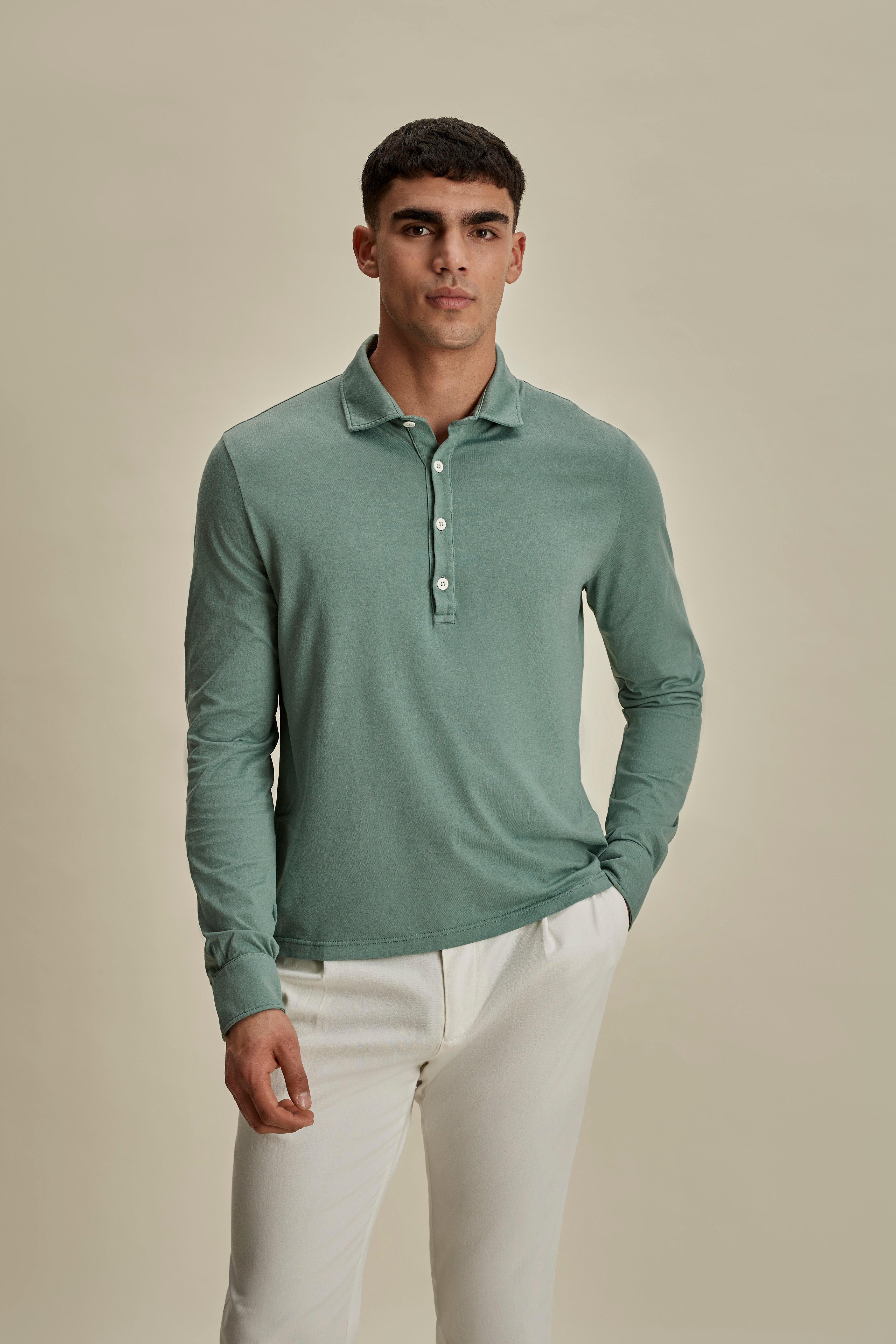 Cotton Long Sleeve Polo Shirt Sage Mid Crop Model Image
