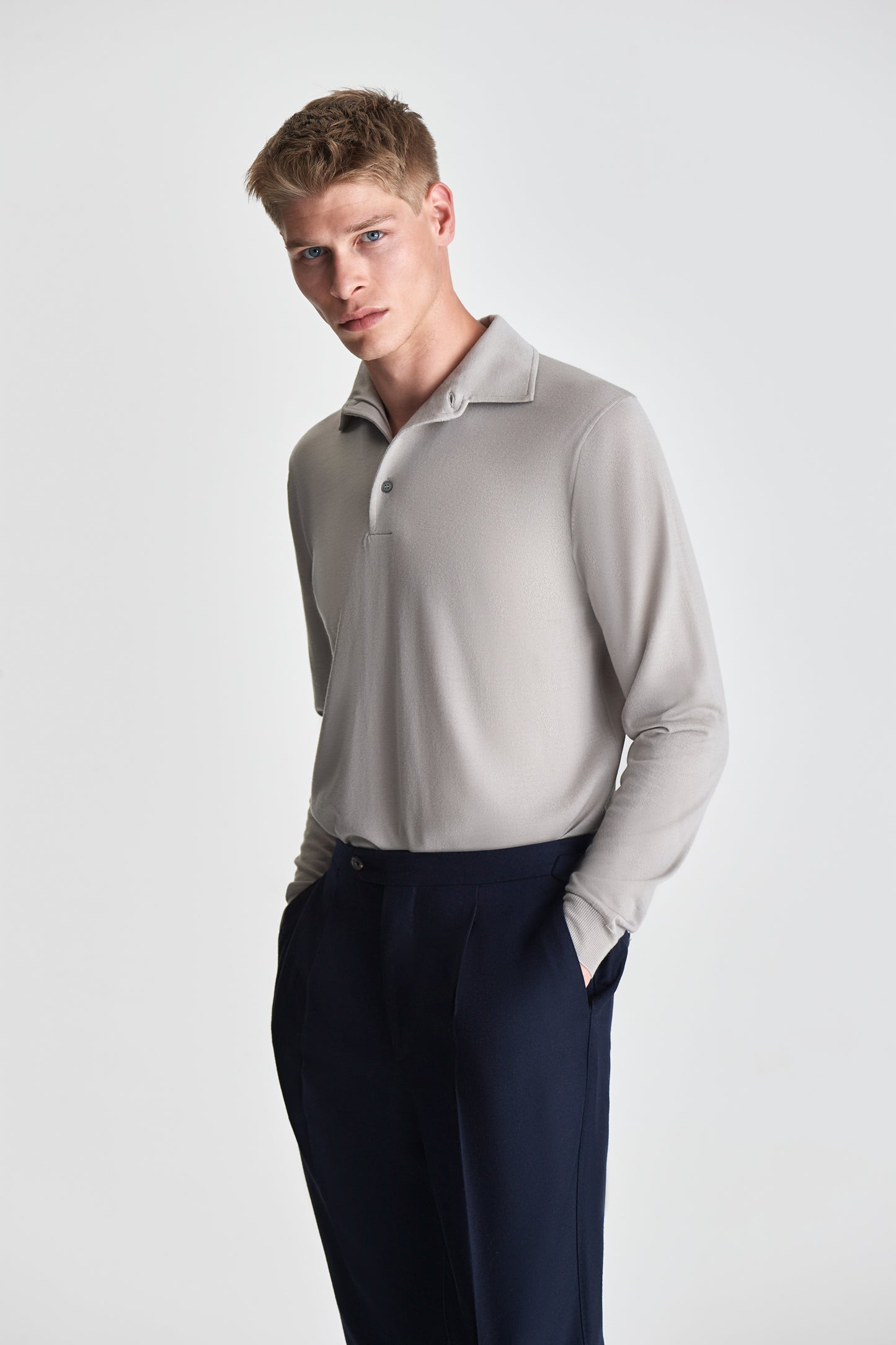 Merino Wool Extrafine Long Sleeve Polo Shirt Stone Model Cropped Image