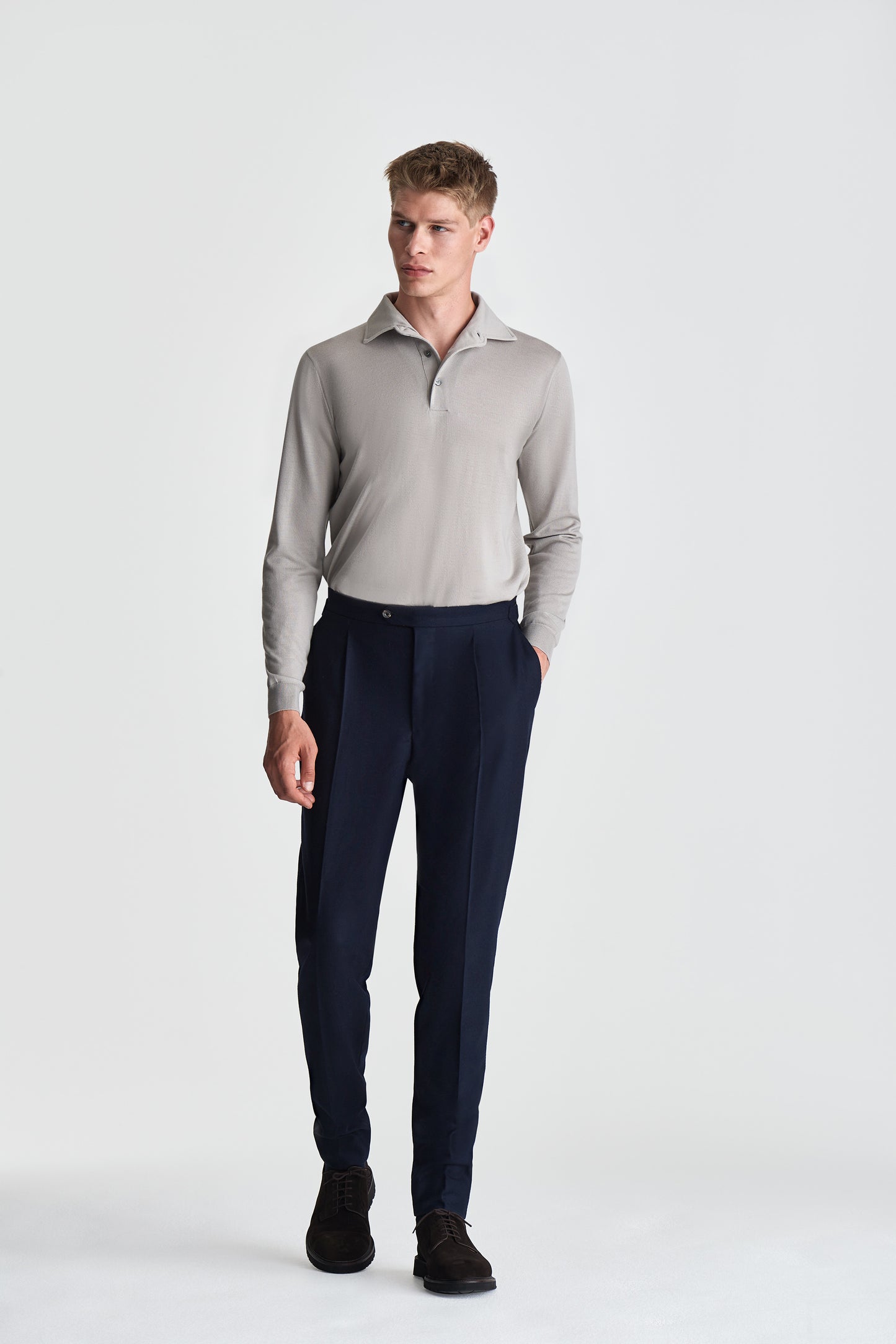Merino Wool Extrafine Long Sleeve Polo Shirt Stone Model Image
