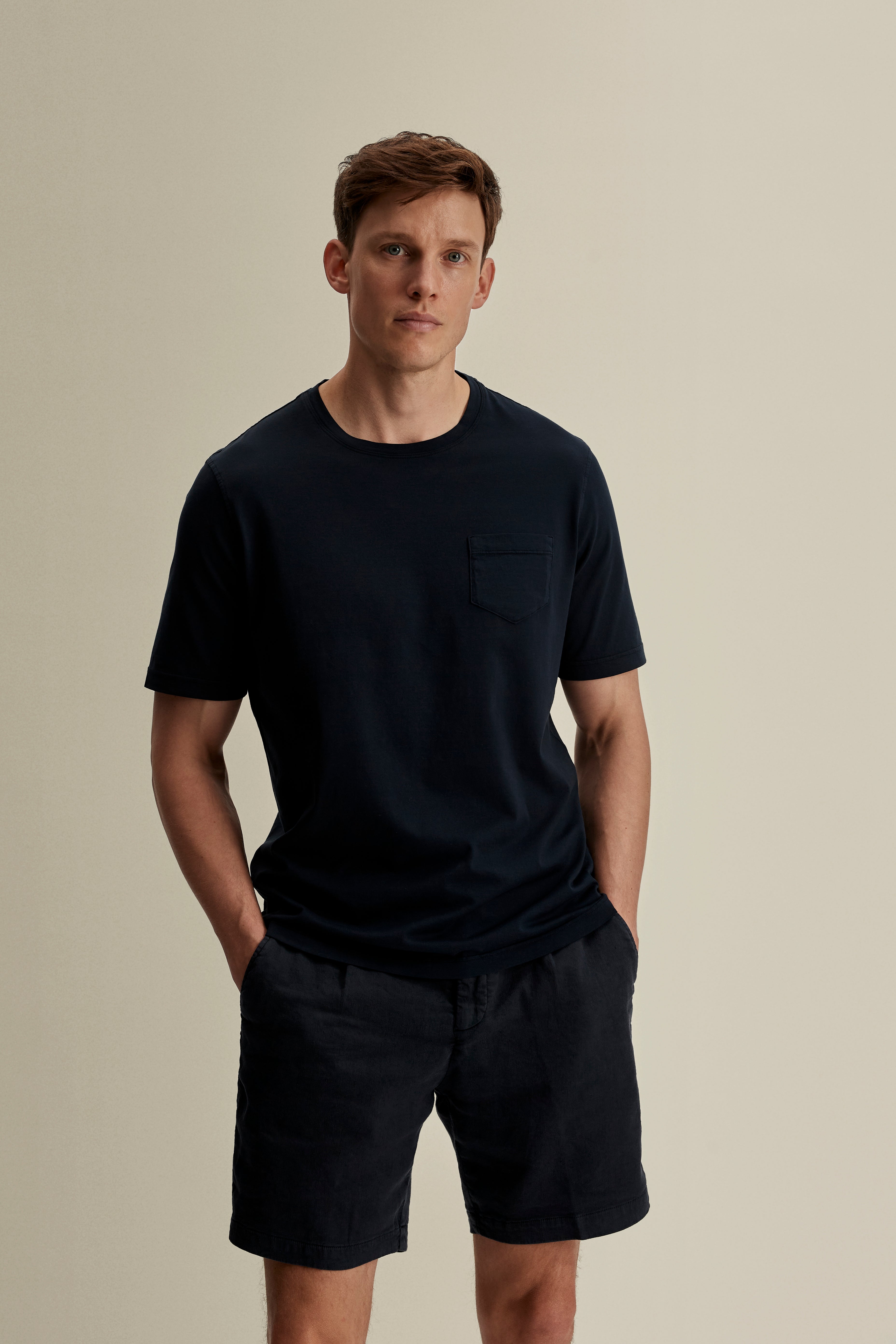 Cotton Pocket T-Shirt Navy Model 3/4 Length View